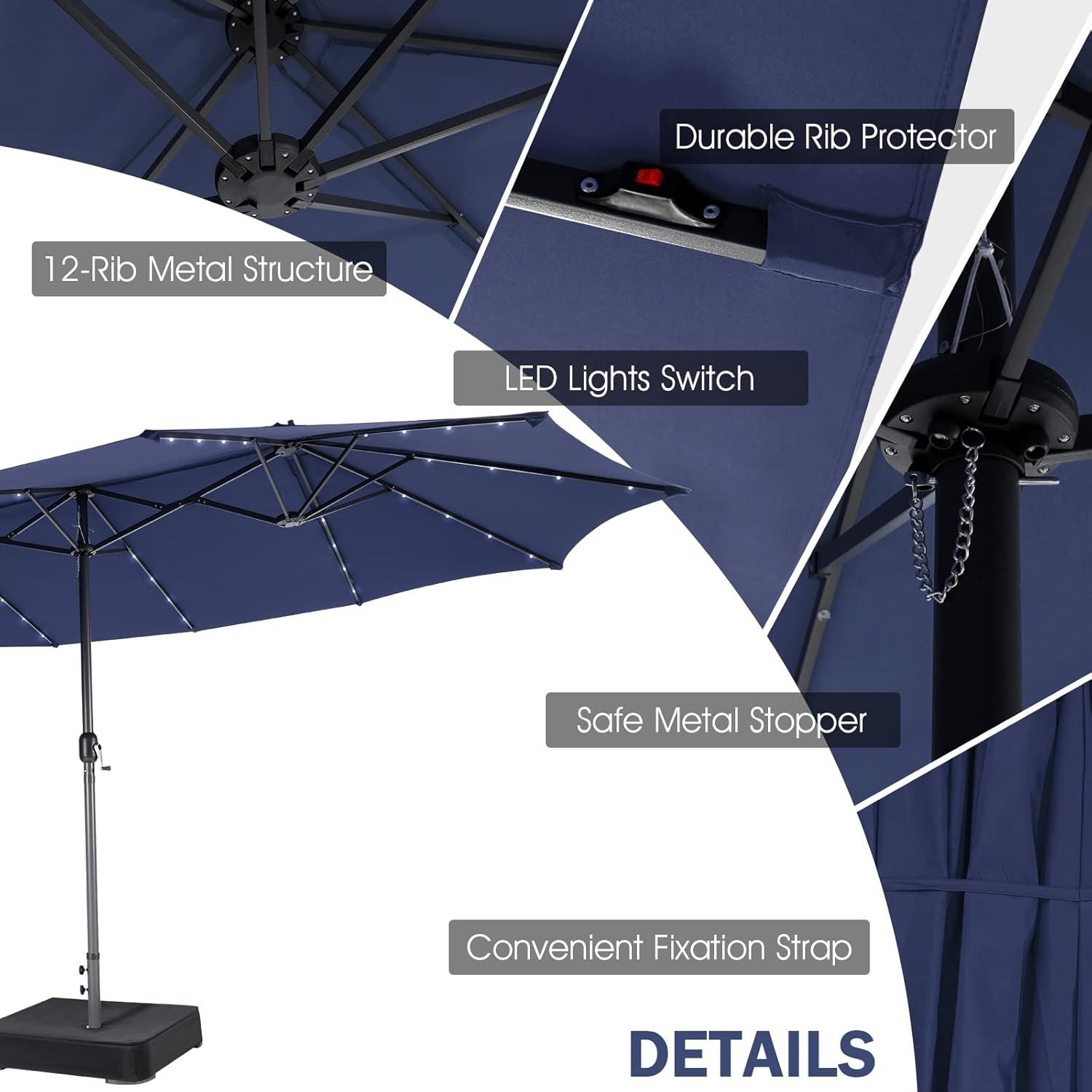 image:imageGiantex 15ft Large Outdoor Umbrella DoubleSided 48 Solar Lights AutoCharging Solar Panel Extra Large Patio Umbrella with Base and Crank Outdoor Market Umbrellas for Poolside GardenNavy