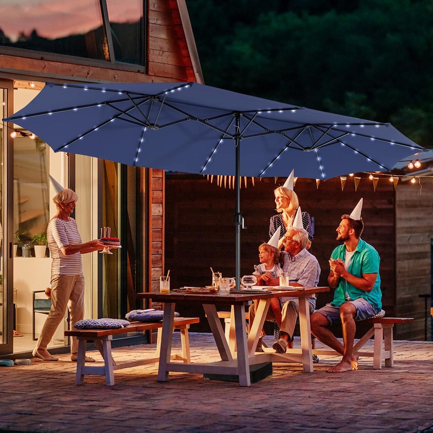 image:imageGiantex 15ft Large Outdoor Umbrella DoubleSided 48 Solar Lights AutoCharging Solar Panel Extra Large Patio Umbrella with Base and Crank Outdoor Market Umbrellas for Poolside GardenNavy