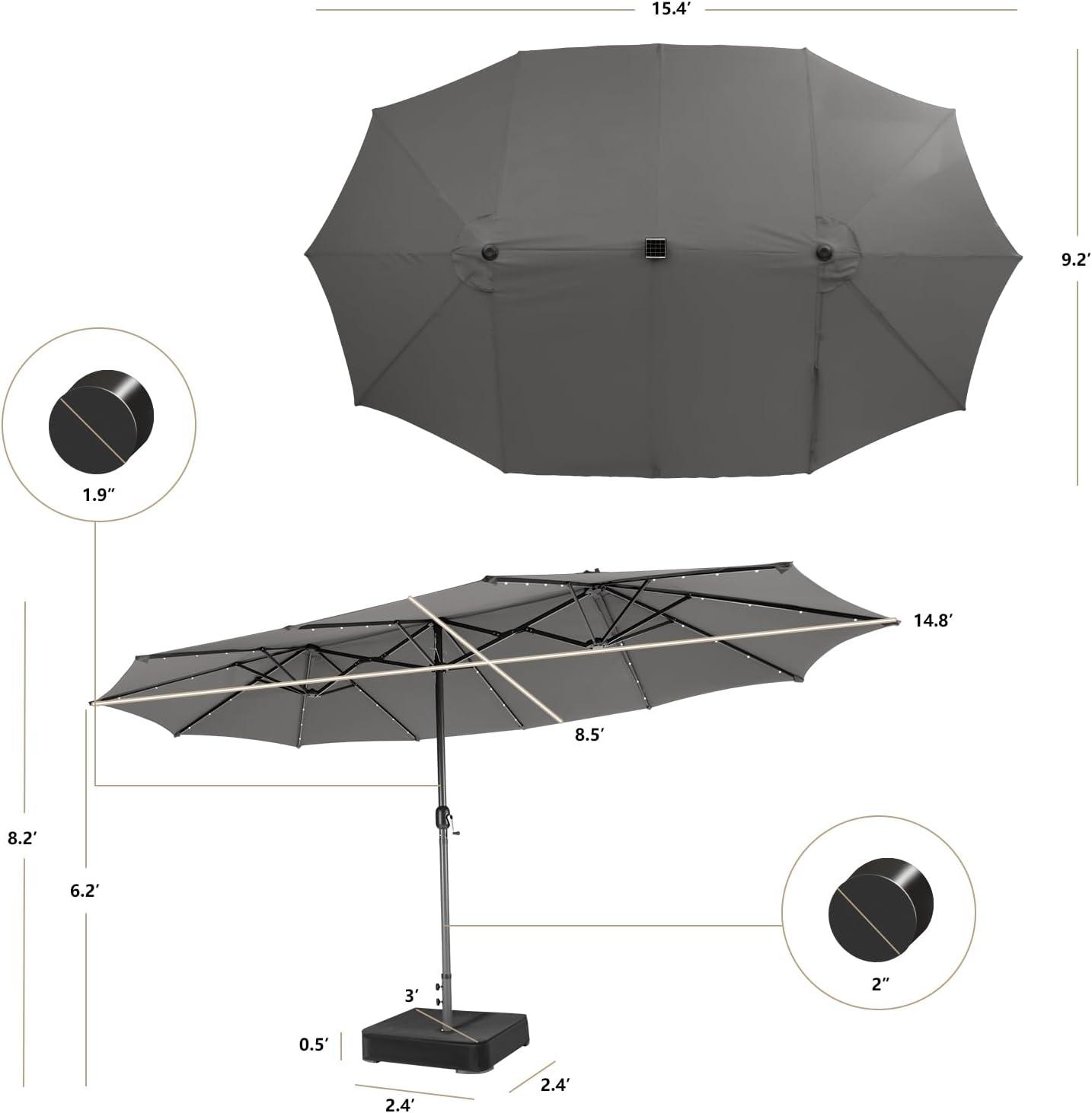image:imageGiantex 15ft Large Outdoor Umbrella DoubleSided 48 Solar Lights AutoCharging Solar Panel Extra Large Patio Umbrella with Base and Crank Outdoor Market Umbrellas for Poolside GardenGray