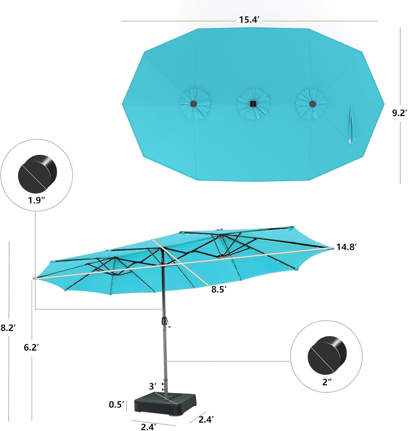 image:imageGiantex 15ft Large Outdoor Umbrella DoubleSided 48 Solar Lights AutoCharging Solar Panel Extra Large Patio Umbrella with Base and Crank Outdoor Market Umbrellas for Poolside GardenTurquoise
