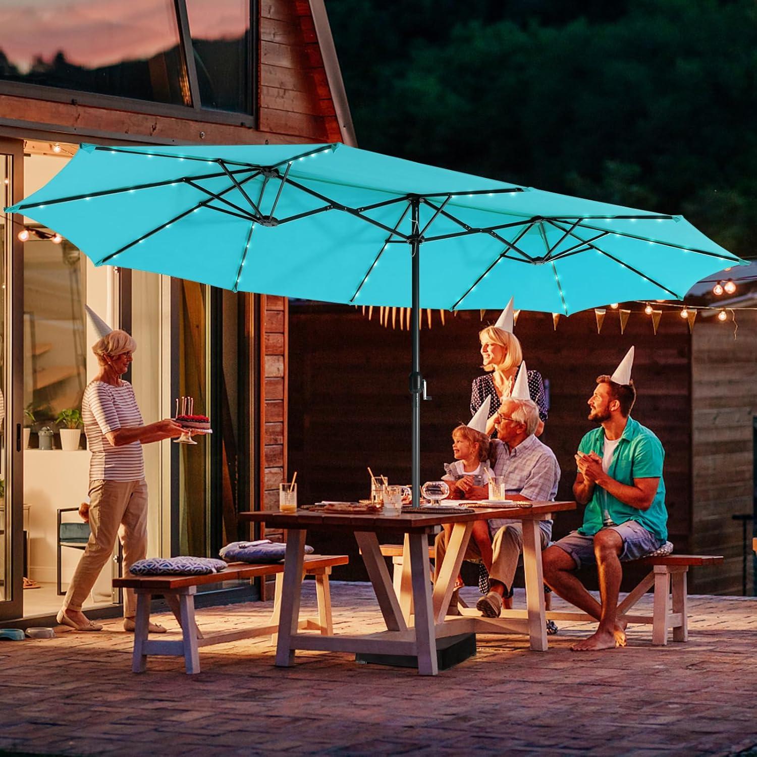 image:imageGiantex 15ft Large Outdoor Umbrella DoubleSided 48 Solar Lights AutoCharging Solar Panel Extra Large Patio Umbrella with Base and Crank Outdoor Market Umbrellas for Poolside GardenTurquoise