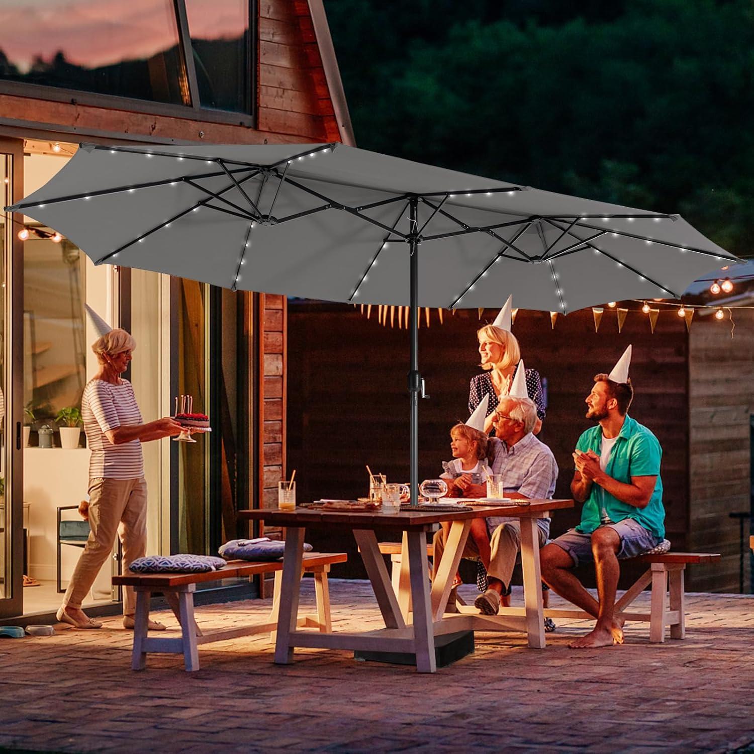 image:imageGiantex 15ft Large Outdoor Umbrella DoubleSided 48 Solar Lights AutoCharging Solar Panel Extra Large Patio Umbrella with Base and Crank Outdoor Market Umbrellas for Poolside GardenGray
