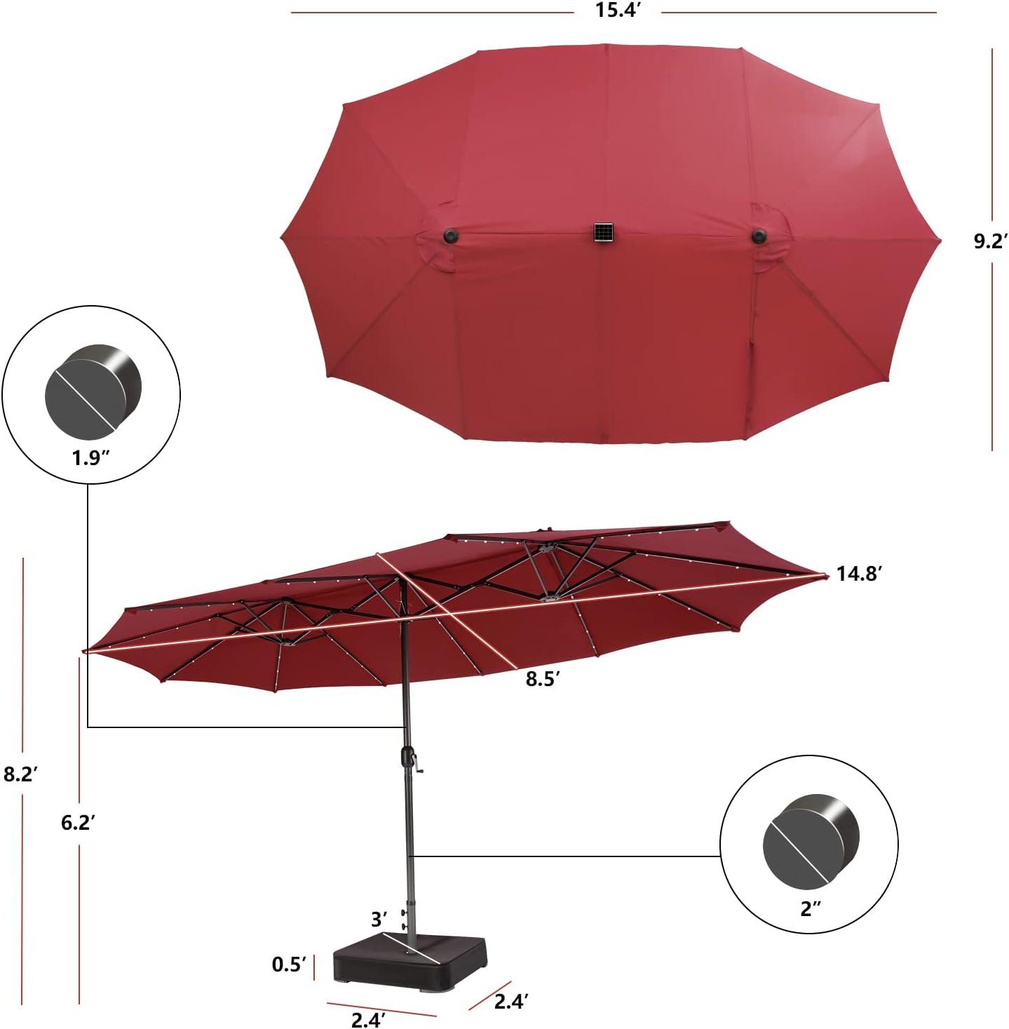 image:imageGiantex 15ft Large Outdoor Umbrella DoubleSided 48 Solar Lights AutoCharging Solar Panel Extra Large Patio Umbrella with Base and Crank Outdoor Market Umbrellas for Poolside GardenBurgundy
