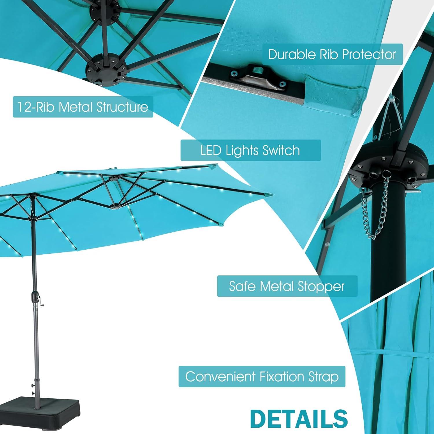 image:imageGiantex 15ft Large Outdoor Umbrella DoubleSided 48 Solar Lights AutoCharging Solar Panel Extra Large Patio Umbrella with Base and Crank Outdoor Market Umbrellas for Poolside GardenTurquoise