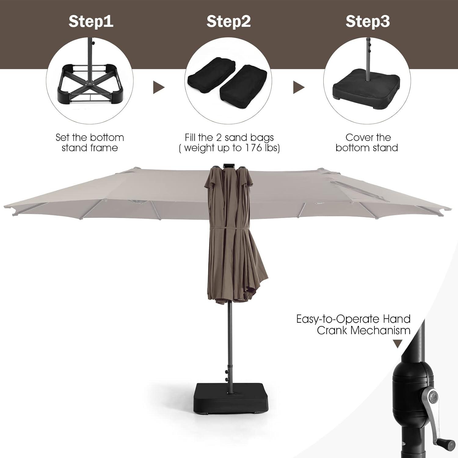 image:imageGiantex 15ft Large Outdoor Umbrella DoubleSided 48 Solar Lights AutoCharging Solar Panel Extra Large Patio Umbrella with Base and Crank Outdoor Market Umbrellas for Poolside GardenTan