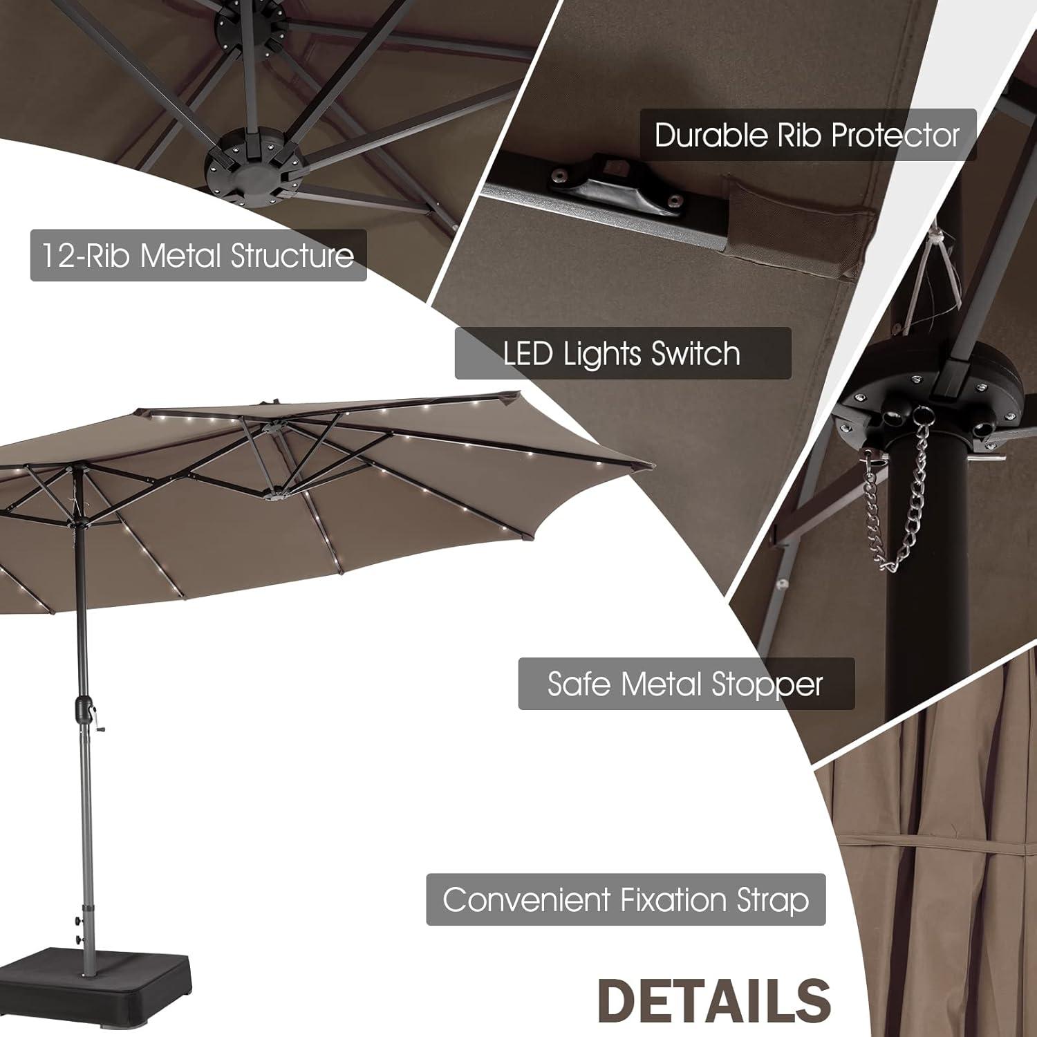 image:imageGiantex 15ft Large Outdoor Umbrella DoubleSided 48 Solar Lights AutoCharging Solar Panel Extra Large Patio Umbrella with Base and Crank Outdoor Market Umbrellas for Poolside GardenTan