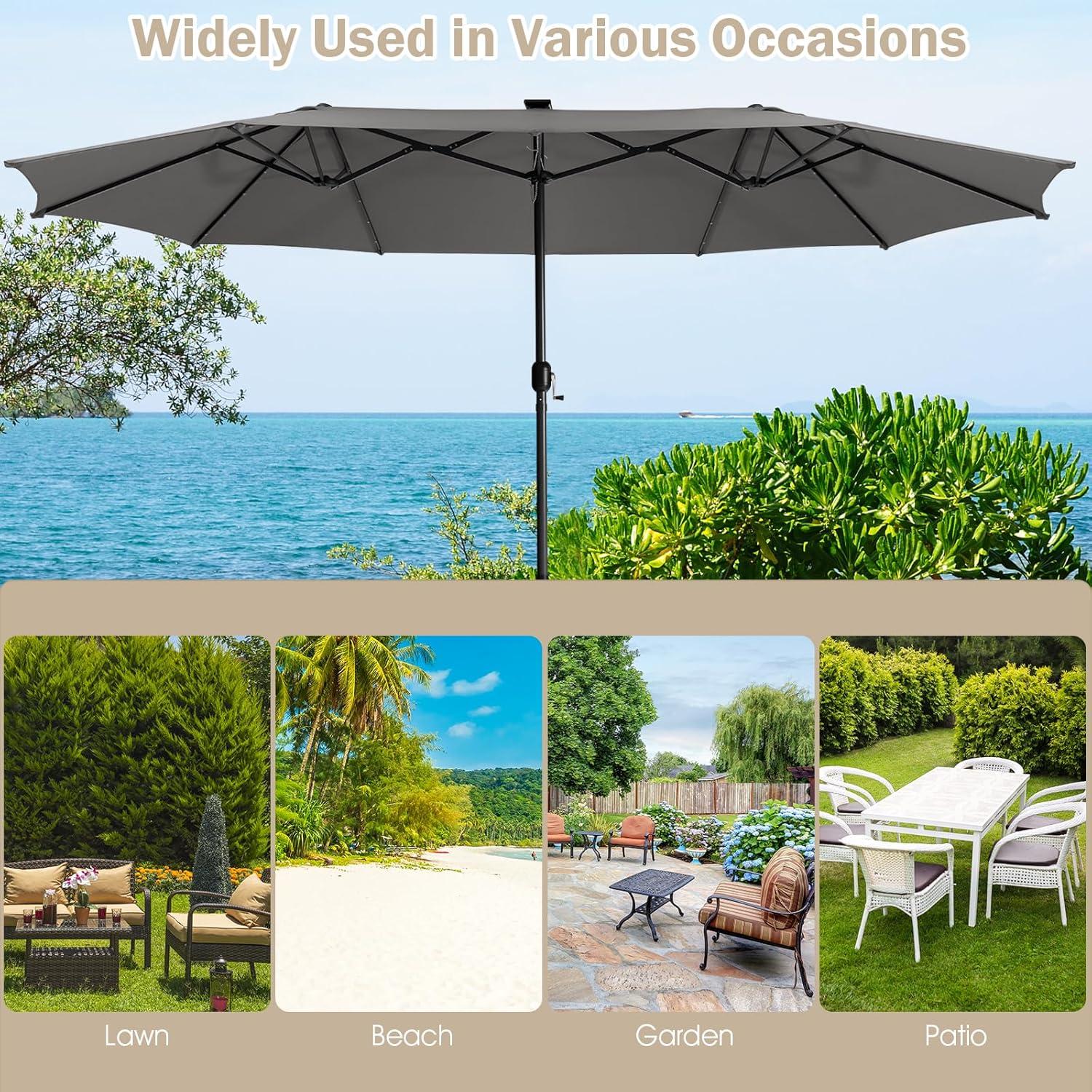 image:imageGiantex 15ft Large Outdoor Umbrella DoubleSided 48 Solar Lights AutoCharging Solar Panel Extra Large Patio Umbrella with Base and Crank Outdoor Market Umbrellas for Poolside GardenGray