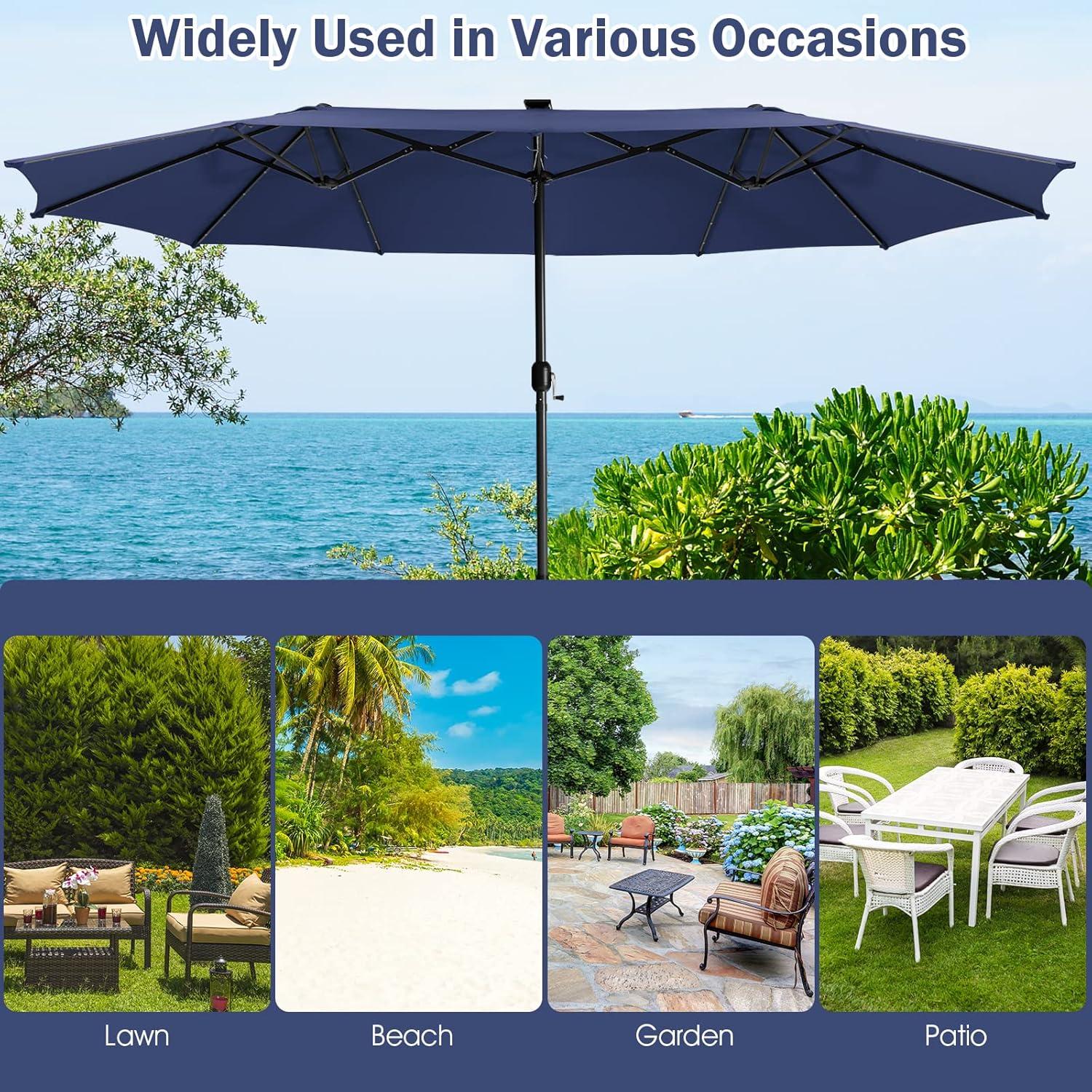 image:imageGiantex 15ft Large Outdoor Umbrella DoubleSided 48 Solar Lights AutoCharging Solar Panel Extra Large Patio Umbrella with Base and Crank Outdoor Market Umbrellas for Poolside GardenNavy