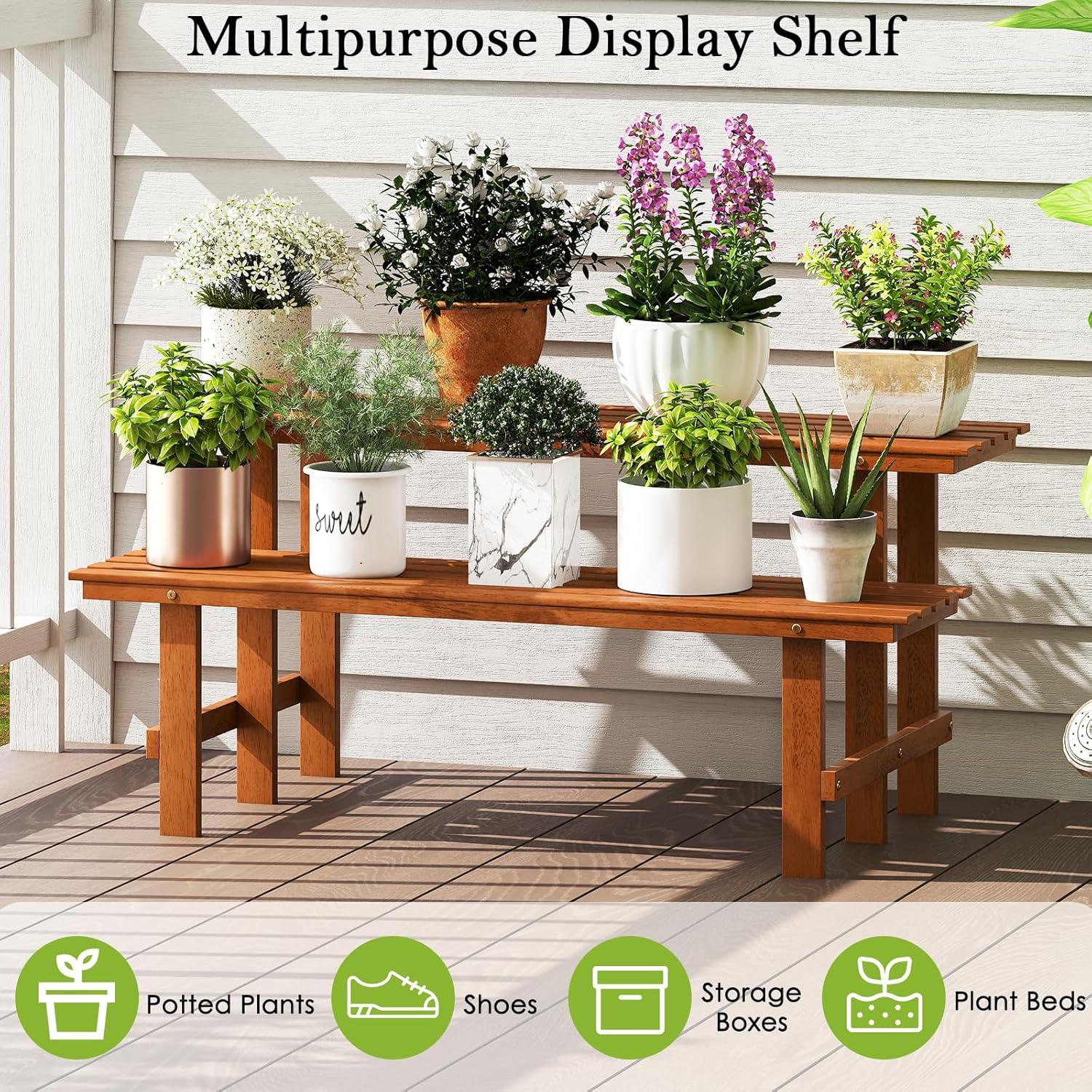 image:imageGiantex 2 Tier Wood Plant Stand Ladder Plant Shelf for Multiple Potted Plants with Teak Oil Finish Indoor amp Outdoor Flower Pot Holder Corner Display Rack for Balcony Living Room Garden