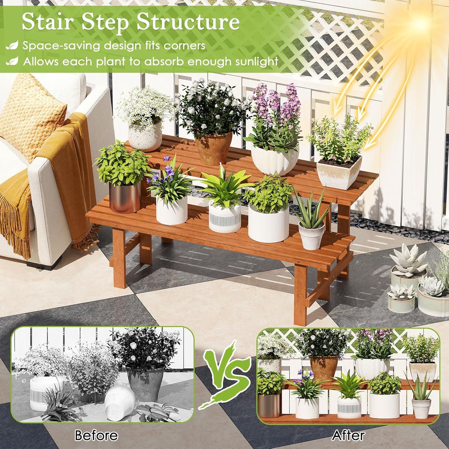 image:imageGiantex 2 Tier Wood Plant Stand Ladder Plant Shelf for Multiple Potted Plants with Teak Oil Finish Indoor amp Outdoor Flower Pot Holder Corner Display Rack for Balcony Living Room Garden