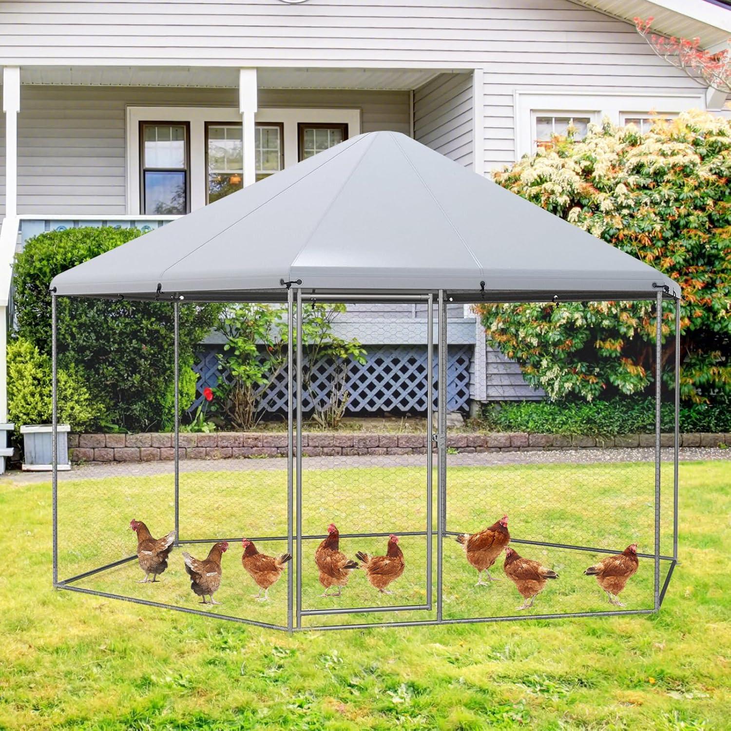 image:imageGiantex 23ft Large Metal Chicken Coop Walkin Chicken Run Poultry Cage Waterproof SunProof Cover Galvanized Steel Frame Hen Duck Rabbit House Outdoor Farm Yard 23 x 66 ft Half SpireSpire
