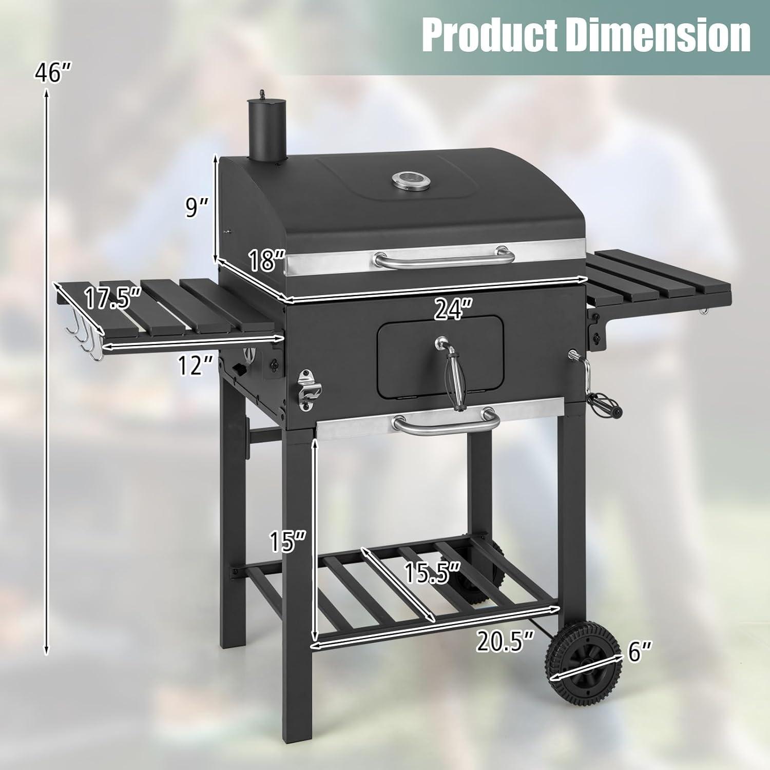 image:imageGiantex 24Inch Charcoal Grill 2 Foldable Side Tables Bottom Storage Shelf 8 Hooks Adjustable Charcoal Tray Pullout Ash Tray Outdoor BBQ Grill for Family Gatherings Backyard Party Camping2 Side Tables
