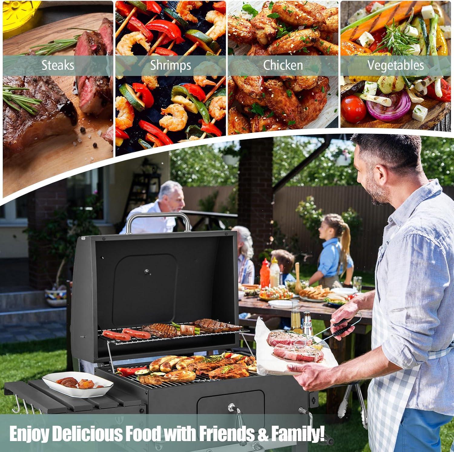 image:imageGiantex 24Inch Charcoal Grill 2 Foldable Side Tables Bottom Storage Shelf 8 Hooks Adjustable Charcoal Tray Pullout Ash Tray Outdoor BBQ Grill for Family Gatherings Backyard Party Camping2 Side Tables