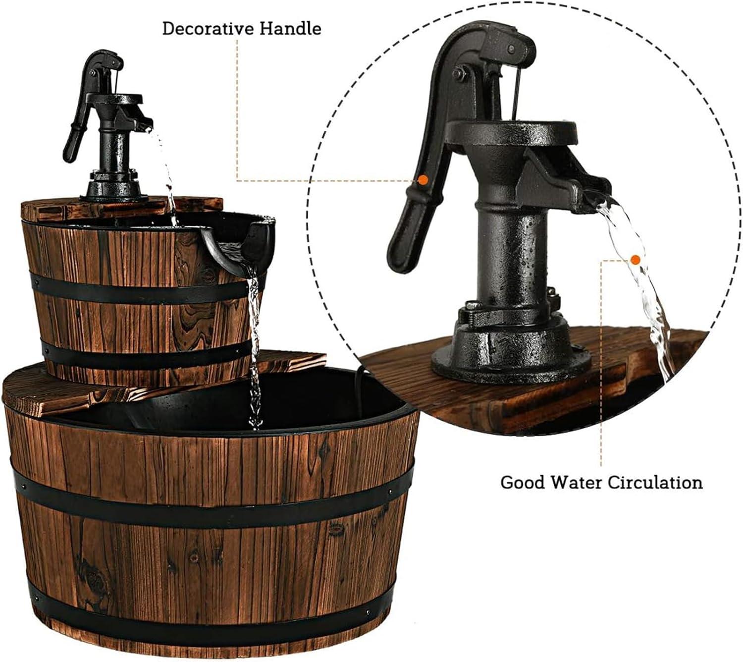 image:imageGiantex 2Tier Barrel Waterfall Fountain Outdoor Rustic Wood Barrel Cascading Water Fountain with Electric Pump Outdoor Water Feature with Decorative Hand for Garden Patio Backyard Lawn Porch