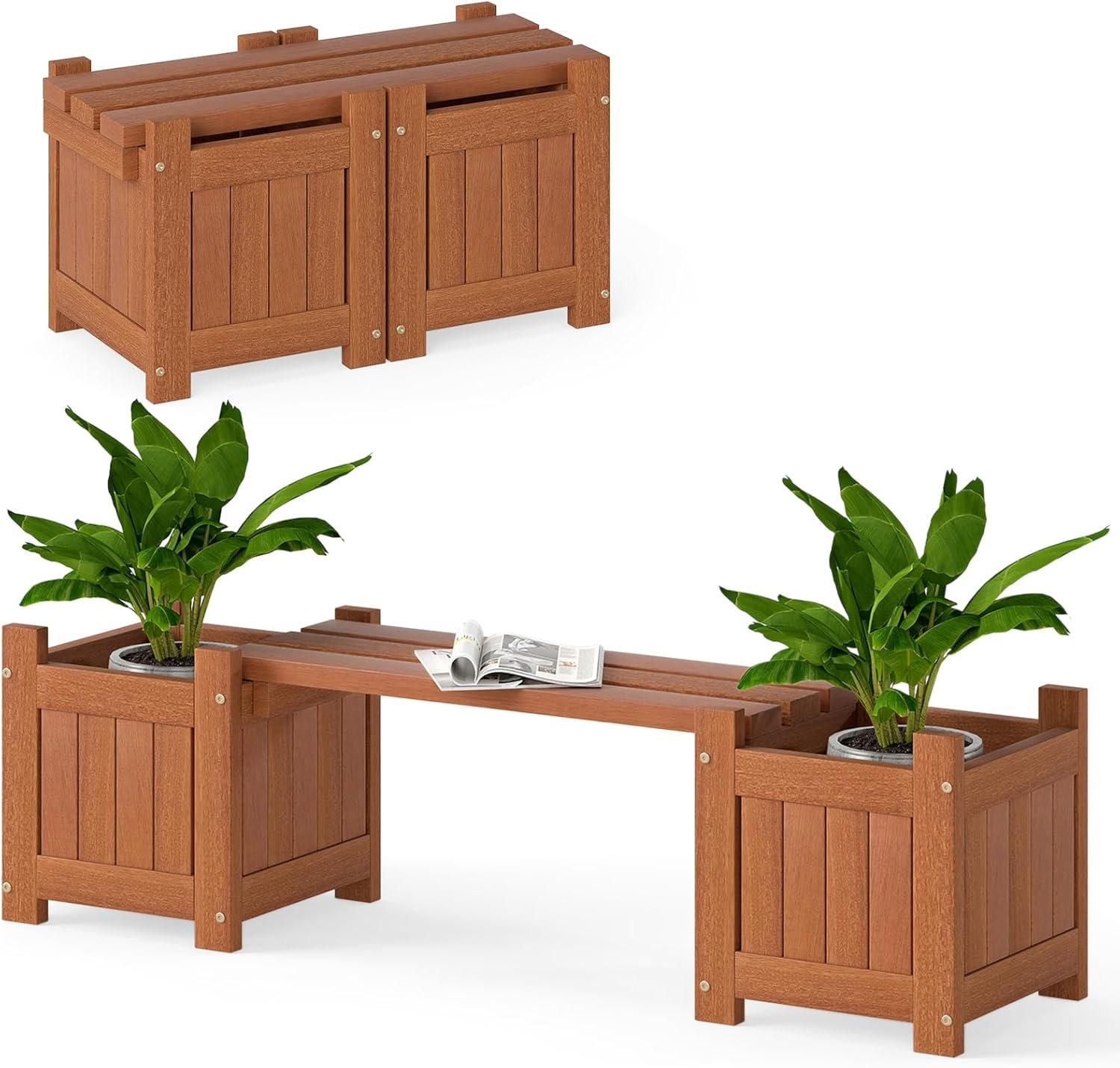 image:imageGiantex 2in1 Outdoor Bench with 2 Raised Garden Beds Wood with Teak Oil Finish Planter Boxes with OpenEnded Base Garden Bench Seat for Porch Balcony Lawn Yard DIY Assembly 42x11x115Teak