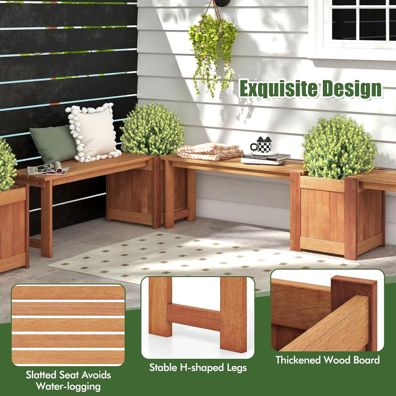 image:imageGiantex 2in1 Outdoor Bench with 2 Raised Garden Beds Wood with Teak Oil Finish Planter Boxes with OpenEnded Base Garden Bench Seat for Porch Balcony Lawn Yard DIY Assembly 42x11x115Teak