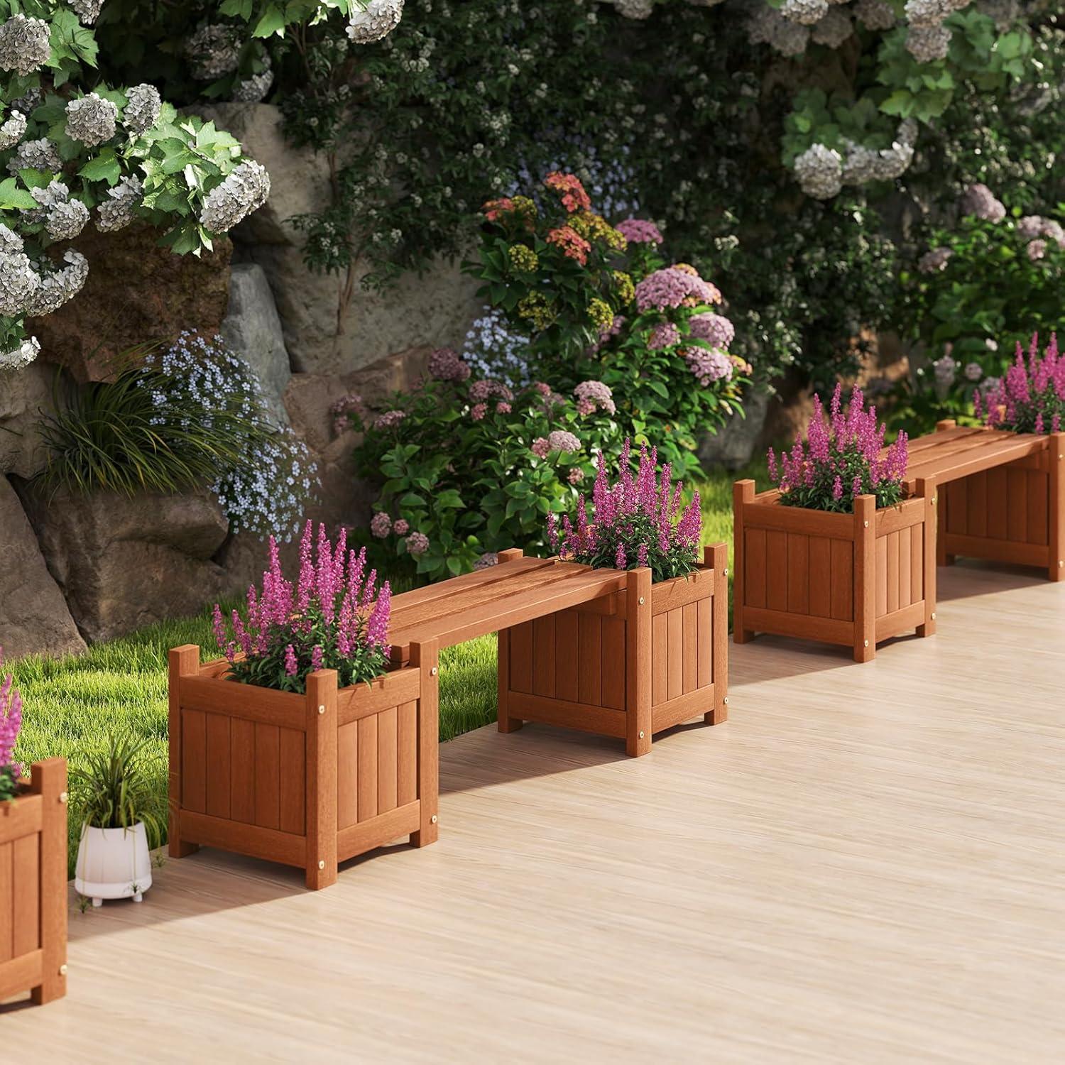 image:imageGiantex 2in1 Outdoor Bench with 2 Raised Garden Beds Wood with Teak Oil Finish Planter Boxes with OpenEnded Base Garden Bench Seat for Porch Balcony Lawn Yard DIY Assembly 42x11x115Teak