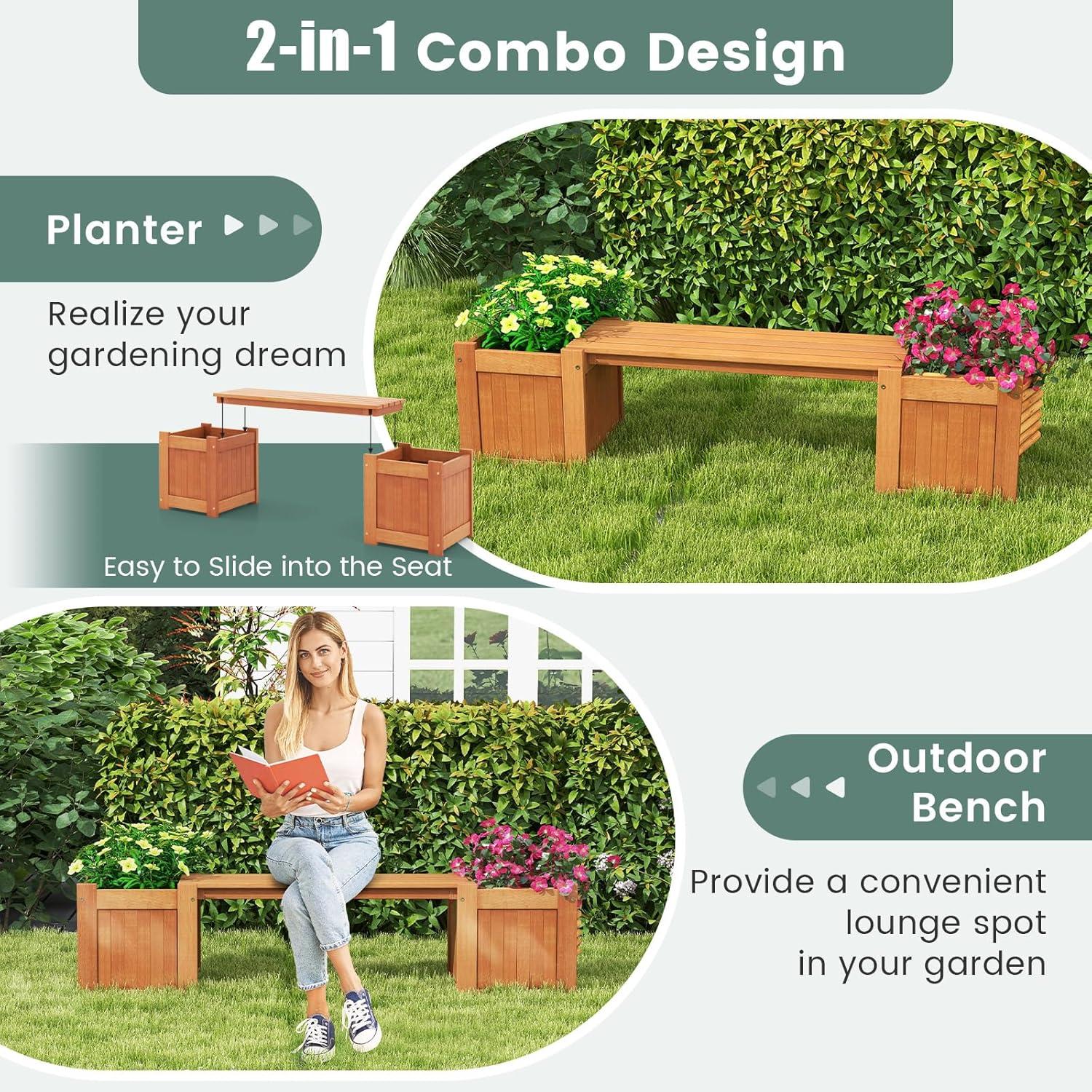 image:imageGiantex 2in1 Outdoor Bench with 2 Raised Garden Beds Wood with Teak Oil Finish Planter Boxes with OpenEnded Base Garden Bench Seat for Porch Balcony Lawn Yard DIY Assembly 42x11x115Teak