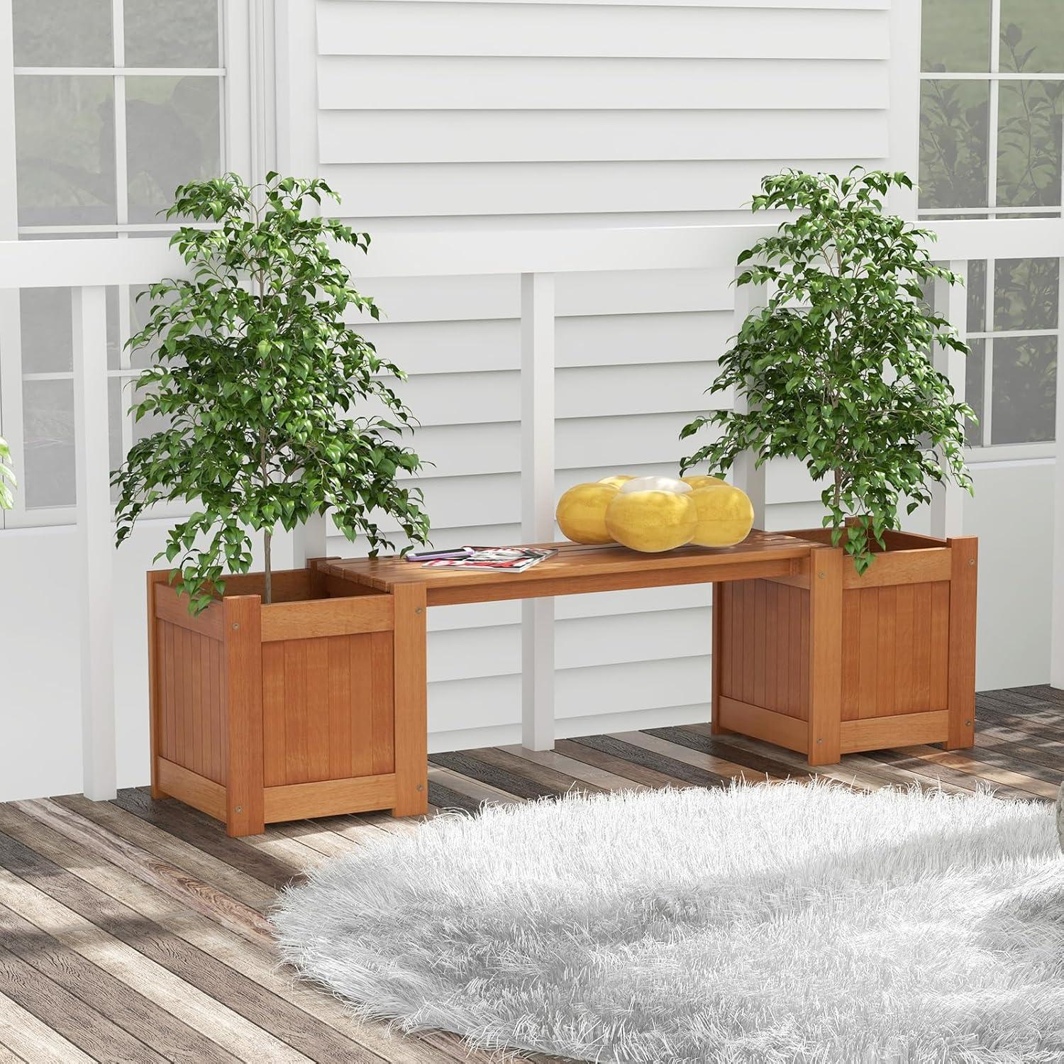 image:imageGiantex 2in1 Outdoor Bench with 2 Raised Garden Beds Wood with Teak Oil Finish Planter Boxes with OpenEnded Base Garden Bench Seat for Porch Balcony Lawn Yard DIY Assembly 42x11x115Teak