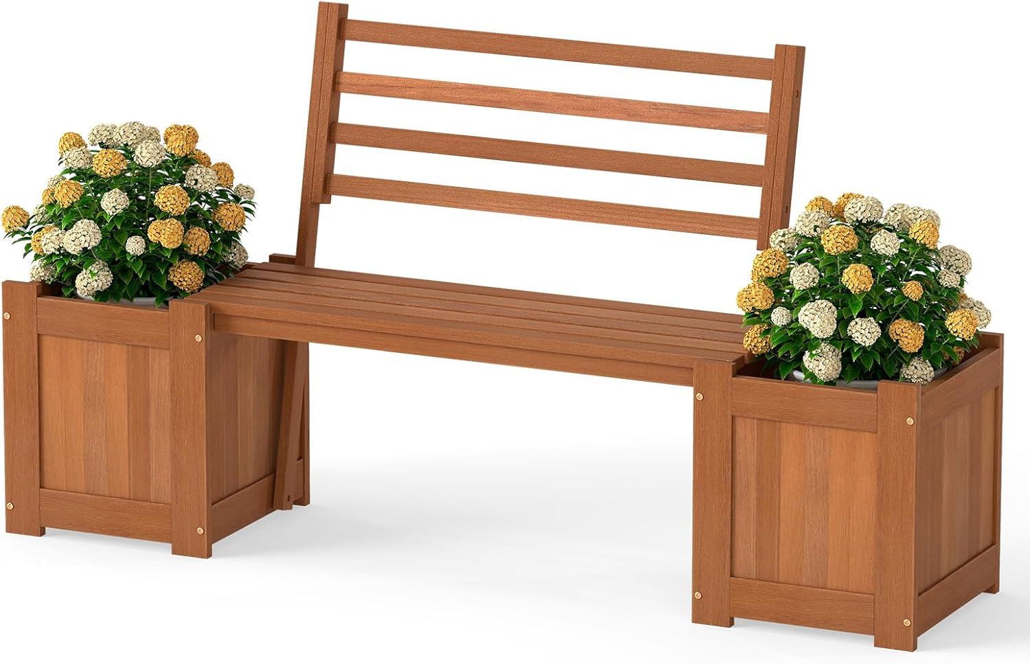 image:imageGiantex 2in1 Outdoor Bench with 2 Raised Garden Beds Wood with Teak Oil Finish Planter Boxes with OpenEnded Base Garden Bench Seat for Porch Balcony Lawn Yard DIY Assembly 42x11x115Teak