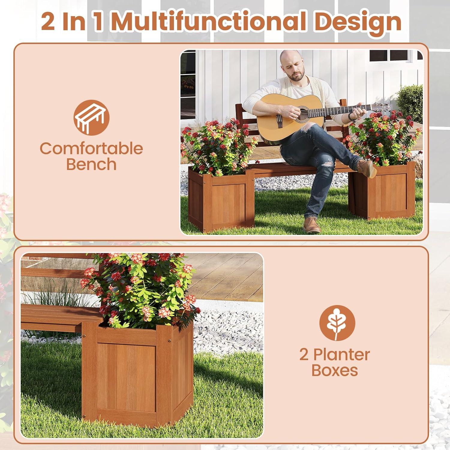 image:imageGiantex 2in1 Outdoor Bench with 2 Raised Garden Beds Wood with Teak Oil Finish Planter Boxes with OpenEnded Base Garden Bench Seat for Porch Balcony Lawn Yard DIY Assembly 42x11x115Teak