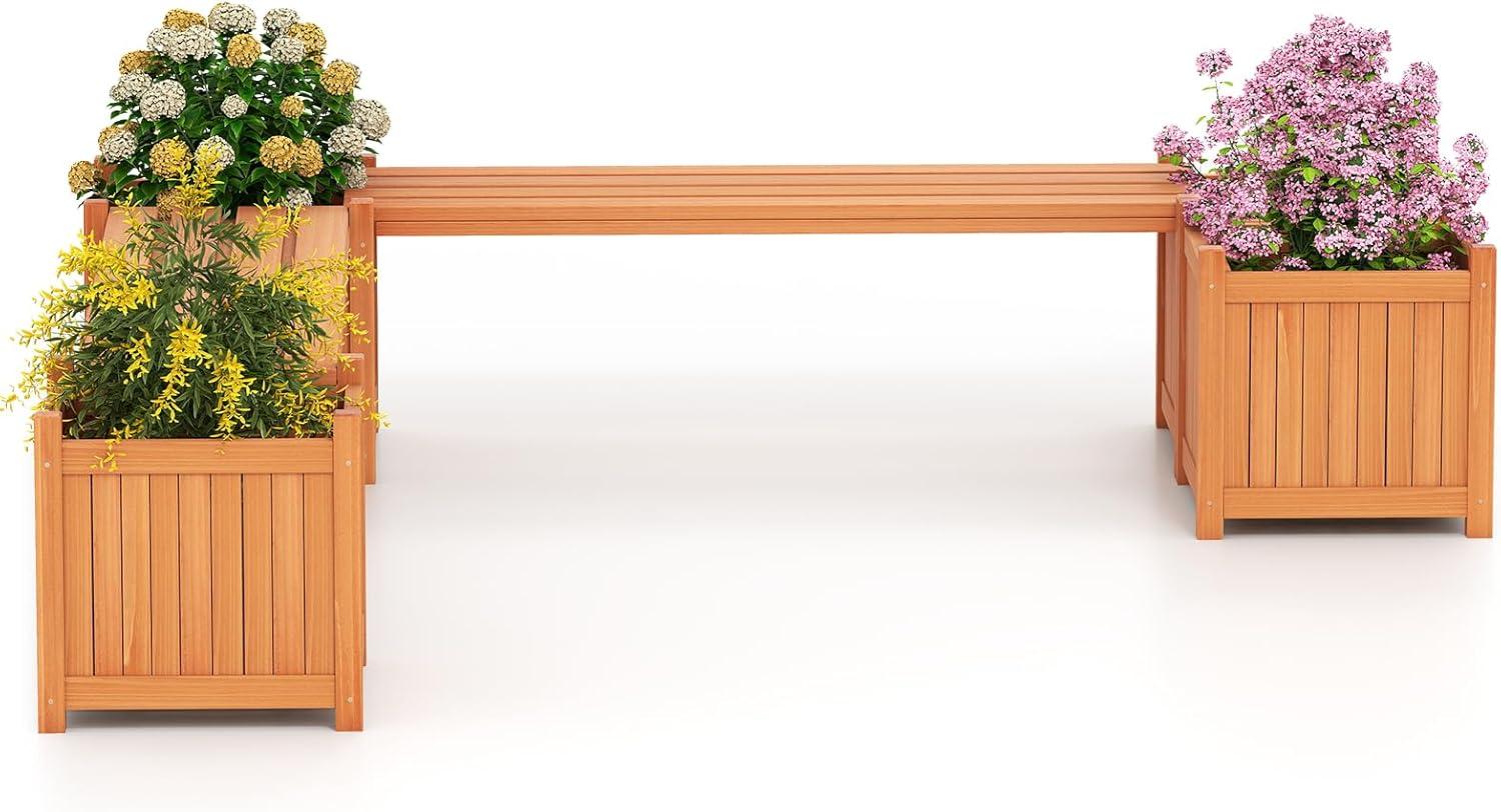 image:imageGiantex 2in1 Outdoor Bench with 2 Raised Garden Beds Wood with Teak Oil Finish Planter Boxes with OpenEnded Base Garden Bench Seat for Porch Balcony Lawn Yard DIY Assembly 42x11x115Orange