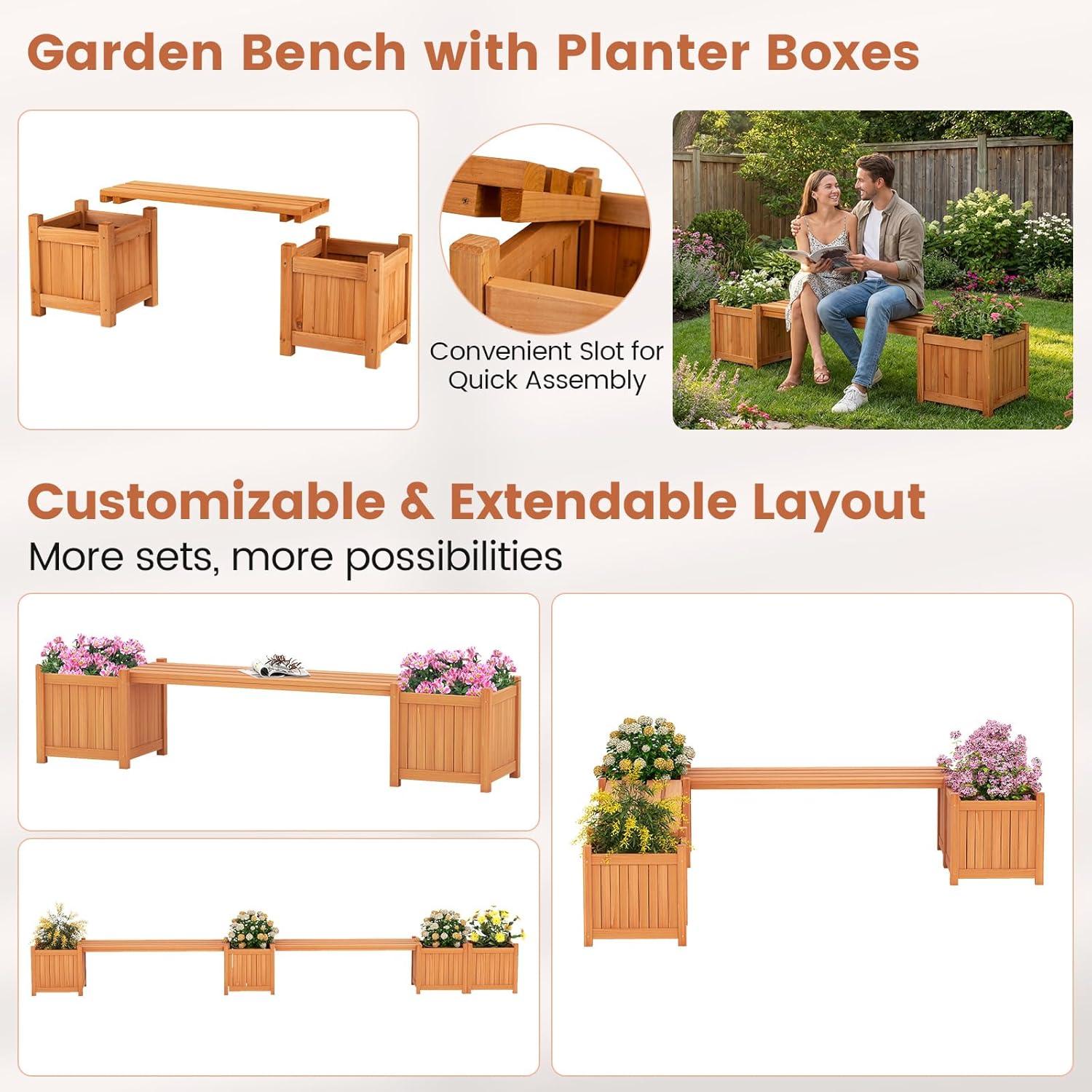 image:imageGiantex 2in1 Outdoor Bench with 2 Raised Garden Beds Wood with Teak Oil Finish Planter Boxes with OpenEnded Base Garden Bench Seat for Porch Balcony Lawn Yard DIY Assembly 42x11x115Orange