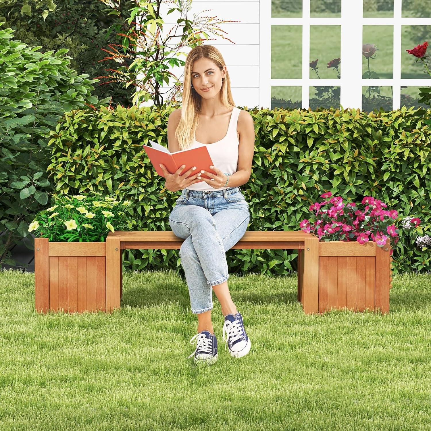 image:imageGiantex 2in1 Outdoor Bench with 2 Raised Garden Beds Wood with Teak Oil Finish Planter Boxes with OpenEnded Base Garden Bench Seat for Porch Balcony Lawn Yard DIY Assembly 42x11x115Teak