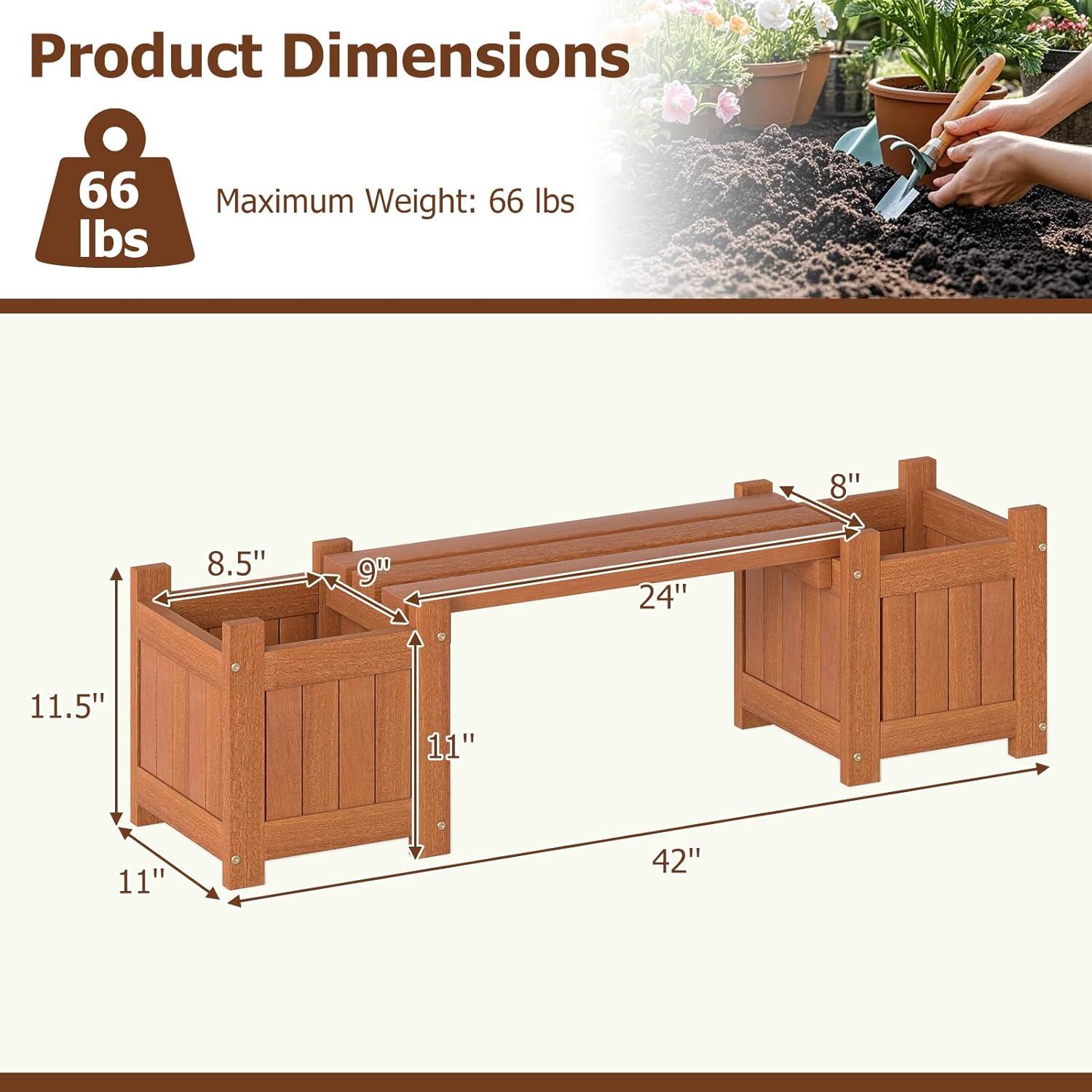 image:imageGiantex 2in1 Outdoor Bench with 2 Raised Garden Beds Wood with Teak Oil Finish Planter Boxes with OpenEnded Base Garden Bench Seat for Porch Balcony Lawn Yard DIY Assembly 42x11x115Teak