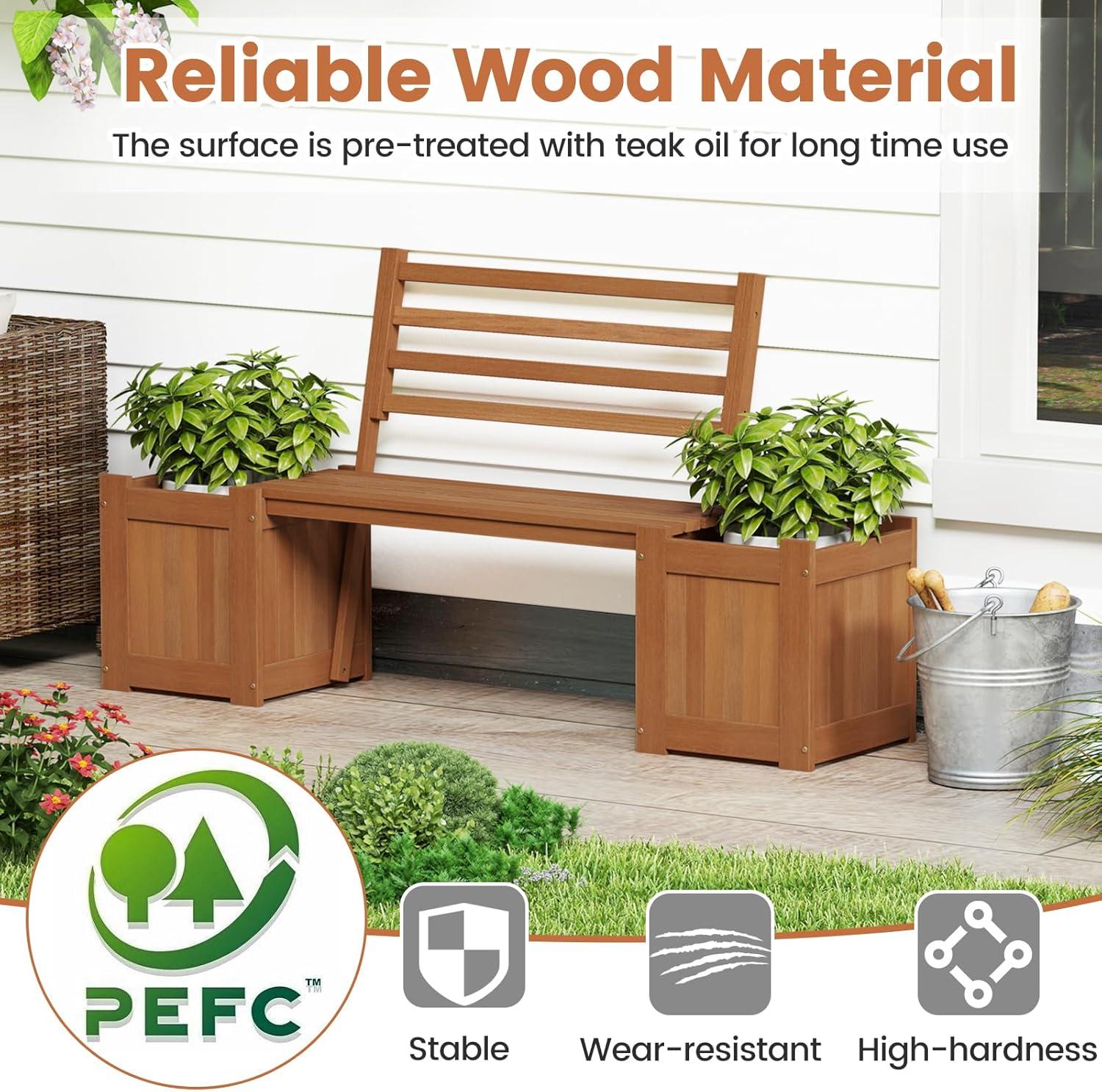 image:imageGiantex 2in1 Outdoor Bench with 2 Raised Garden Beds Wood with Teak Oil Finish Planter Boxes with OpenEnded Base Garden Bench Seat for Porch Balcony Lawn Yard DIY Assembly 42x11x115Teak