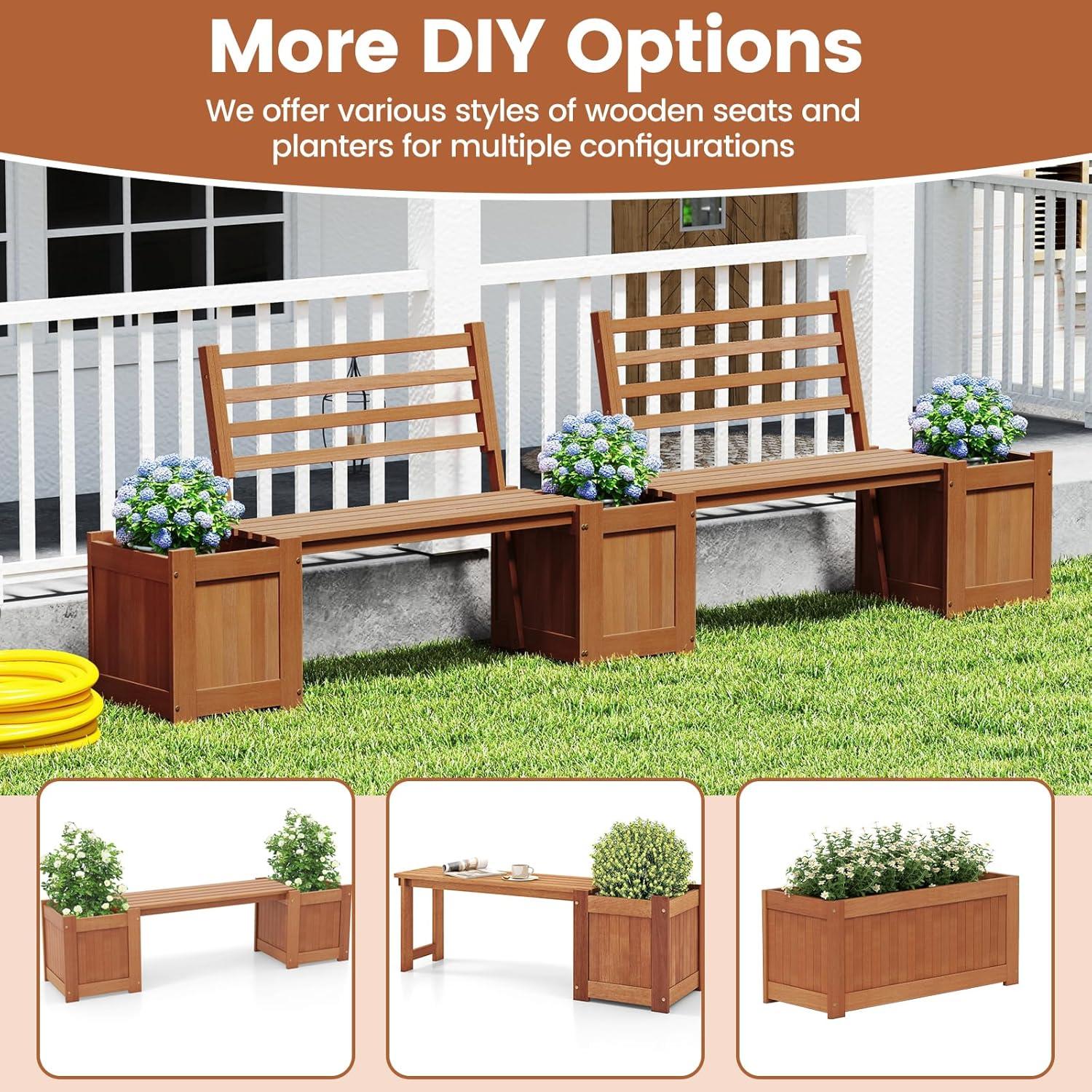 image:imageGiantex 2in1 Outdoor Bench with 2 Raised Garden Beds Wood with Teak Oil Finish Planter Boxes with OpenEnded Base Garden Bench Seat for Porch Balcony Lawn Yard DIY Assembly 42x11x115Teak
