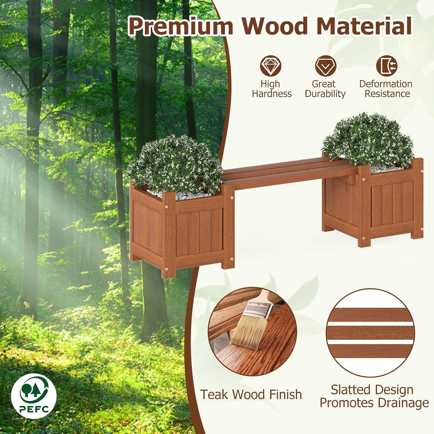image:imageGiantex 2in1 Outdoor Bench with 2 Raised Garden Beds Wood with Teak Oil Finish Planter Boxes with OpenEnded Base Garden Bench Seat for Porch Balcony Lawn Yard DIY Assembly 42x11x115Teak