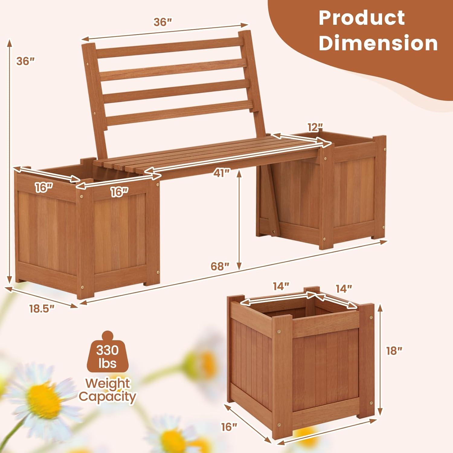 image:imageGiantex 2in1 Outdoor Bench with 2 Raised Garden Beds Wood with Teak Oil Finish Planter Boxes with OpenEnded Base Garden Bench Seat for Porch Balcony Lawn Yard DIY Assembly 42x11x115Teak