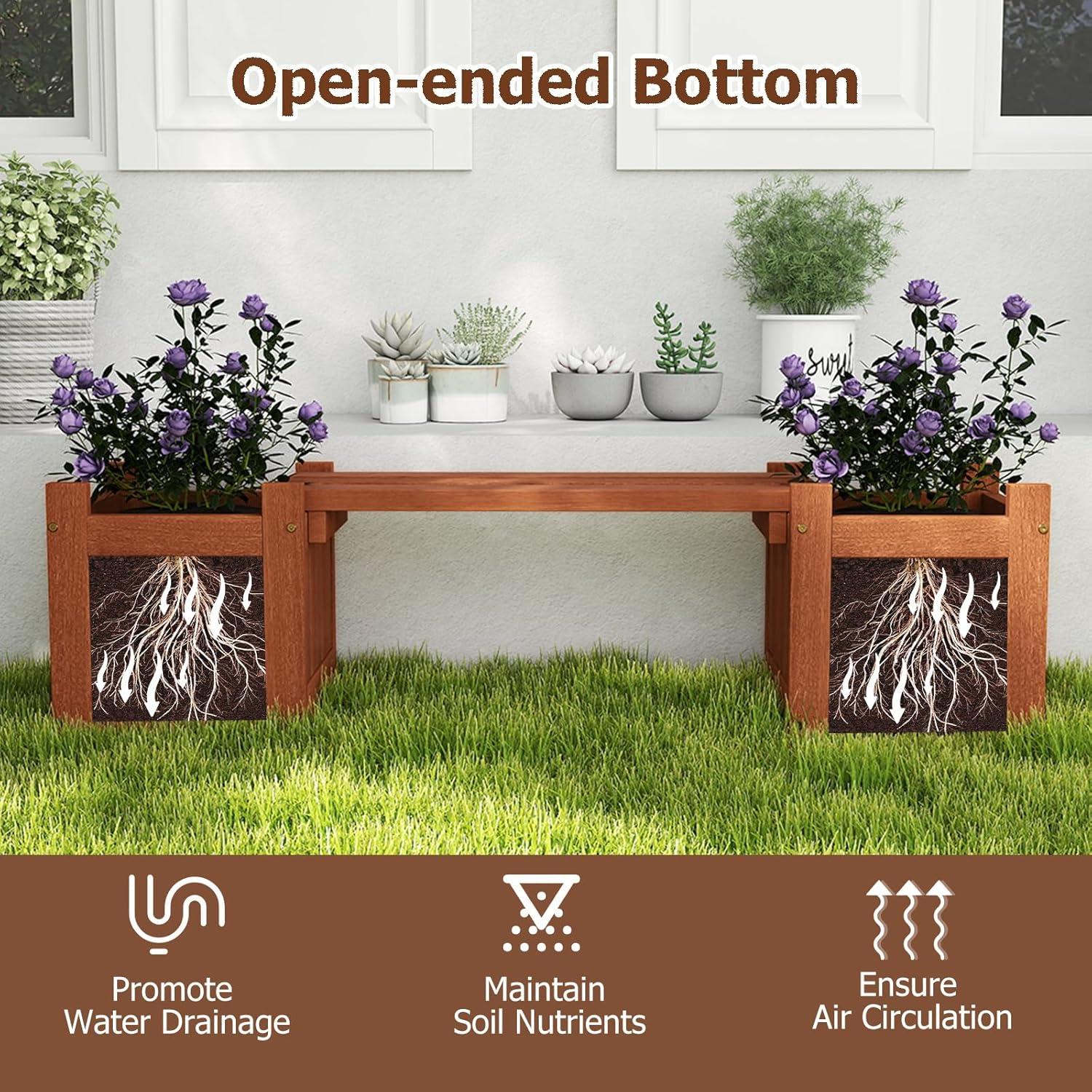 image:imageGiantex 2in1 Outdoor Bench with 2 Raised Garden Beds Wood with Teak Oil Finish Planter Boxes with OpenEnded Base Garden Bench Seat for Porch Balcony Lawn Yard DIY Assembly 42x11x115Teak
