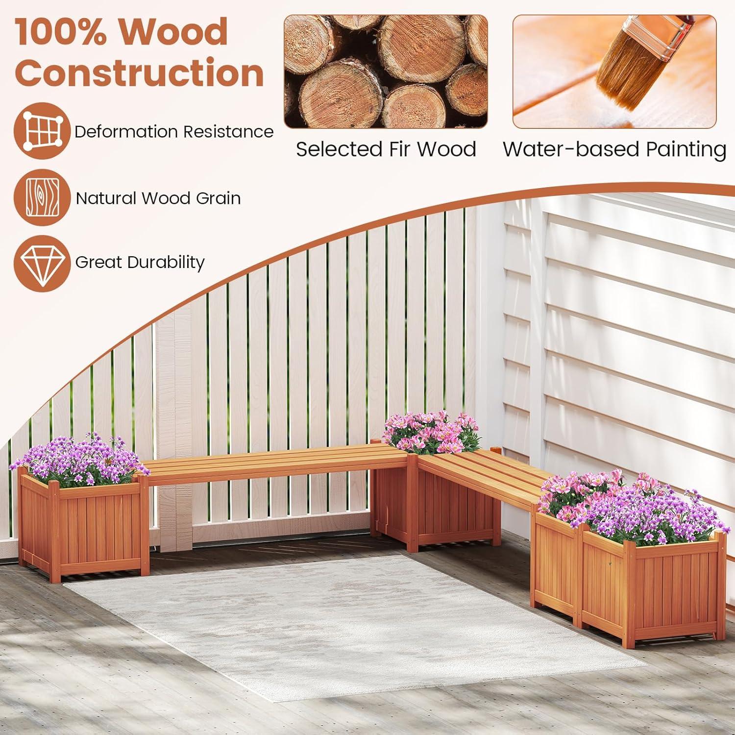 image:imageGiantex 2in1 Outdoor Bench with 2 Raised Garden Beds Wood with Teak Oil Finish Planter Boxes with OpenEnded Base Garden Bench Seat for Porch Balcony Lawn Yard DIY Assembly 42x11x115Orange
