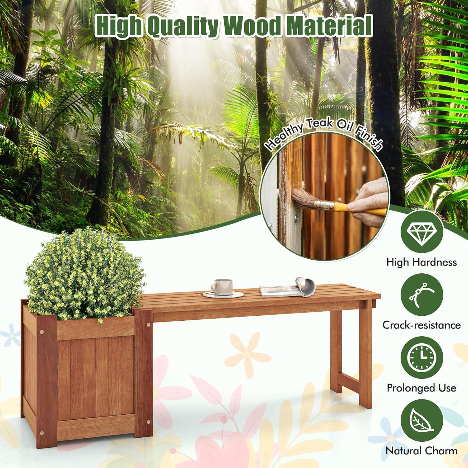image:imageGiantex 2in1 Outdoor Bench with 2 Raised Garden Beds Wood with Teak Oil Finish Planter Boxes with OpenEnded Base Garden Bench Seat for Porch Balcony Lawn Yard DIY Assembly 42x11x115Teak