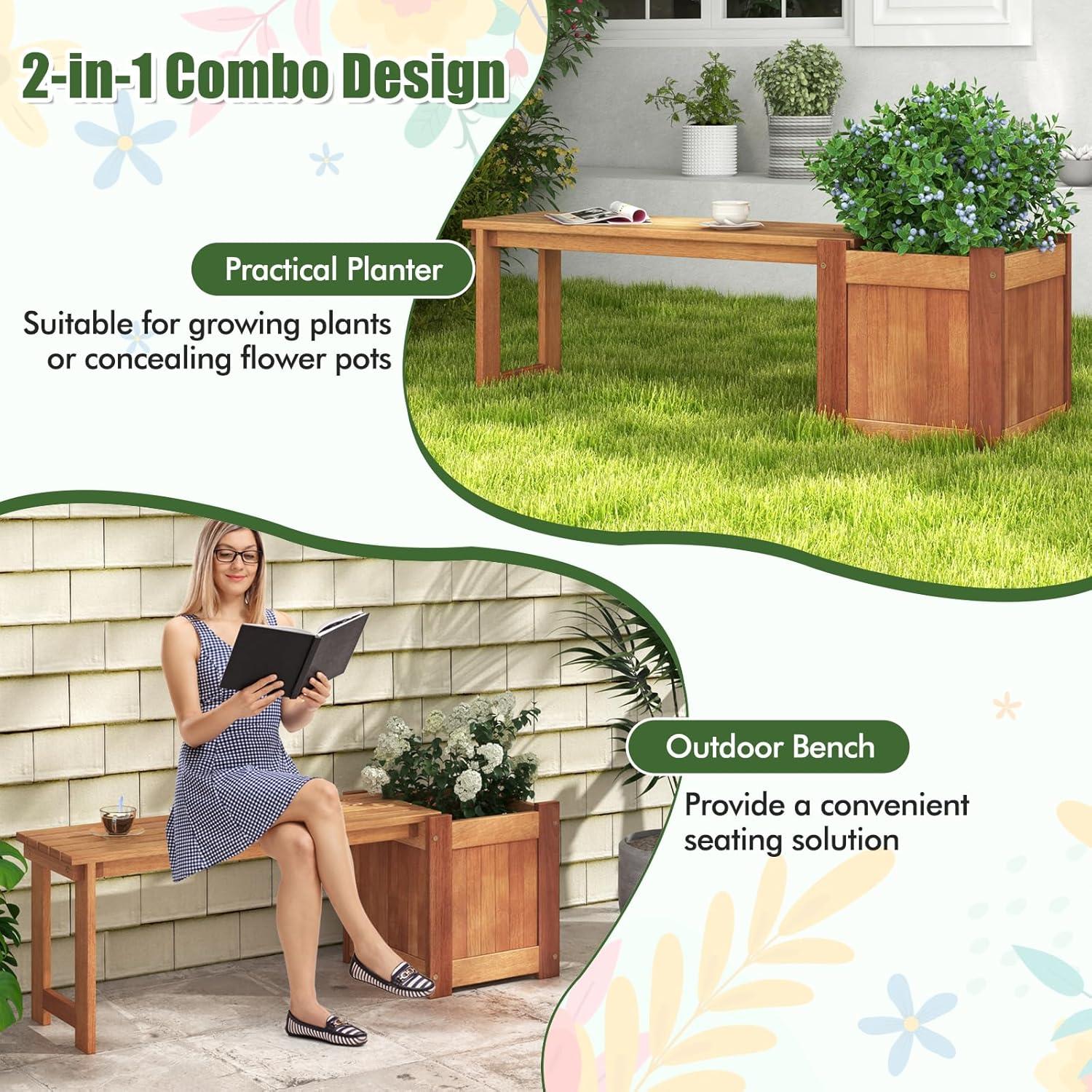 image:imageGiantex 2in1 Outdoor Bench with 2 Raised Garden Beds Wood with Teak Oil Finish Planter Boxes with OpenEnded Base Garden Bench Seat for Porch Balcony Lawn Yard DIY Assembly 42x11x115Teak