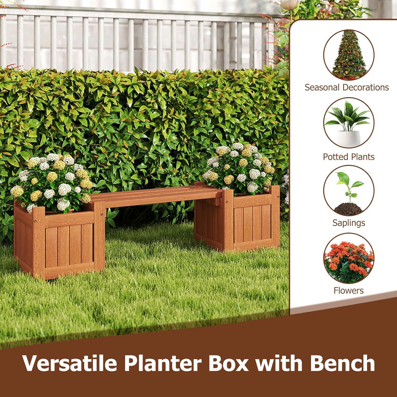 image:imageGiantex 2in1 Outdoor Bench with 2 Raised Garden Beds Wood with Teak Oil Finish Planter Boxes with OpenEnded Base Garden Bench Seat for Porch Balcony Lawn Yard DIY Assembly 42x11x115Teak