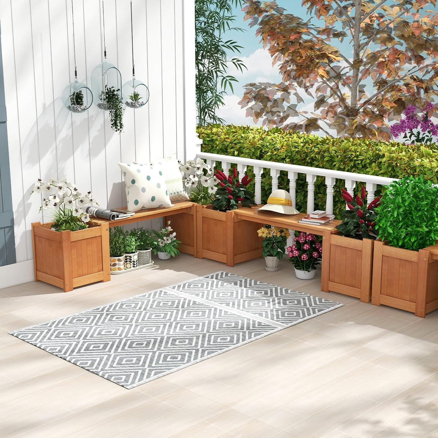 image:imageGiantex 2in1 Outdoor Bench with 2 Raised Garden Beds Wood with Teak Oil Finish Planter Boxes with OpenEnded Base Garden Bench Seat for Porch Balcony Lawn Yard DIY Assembly 42x11x115Teak