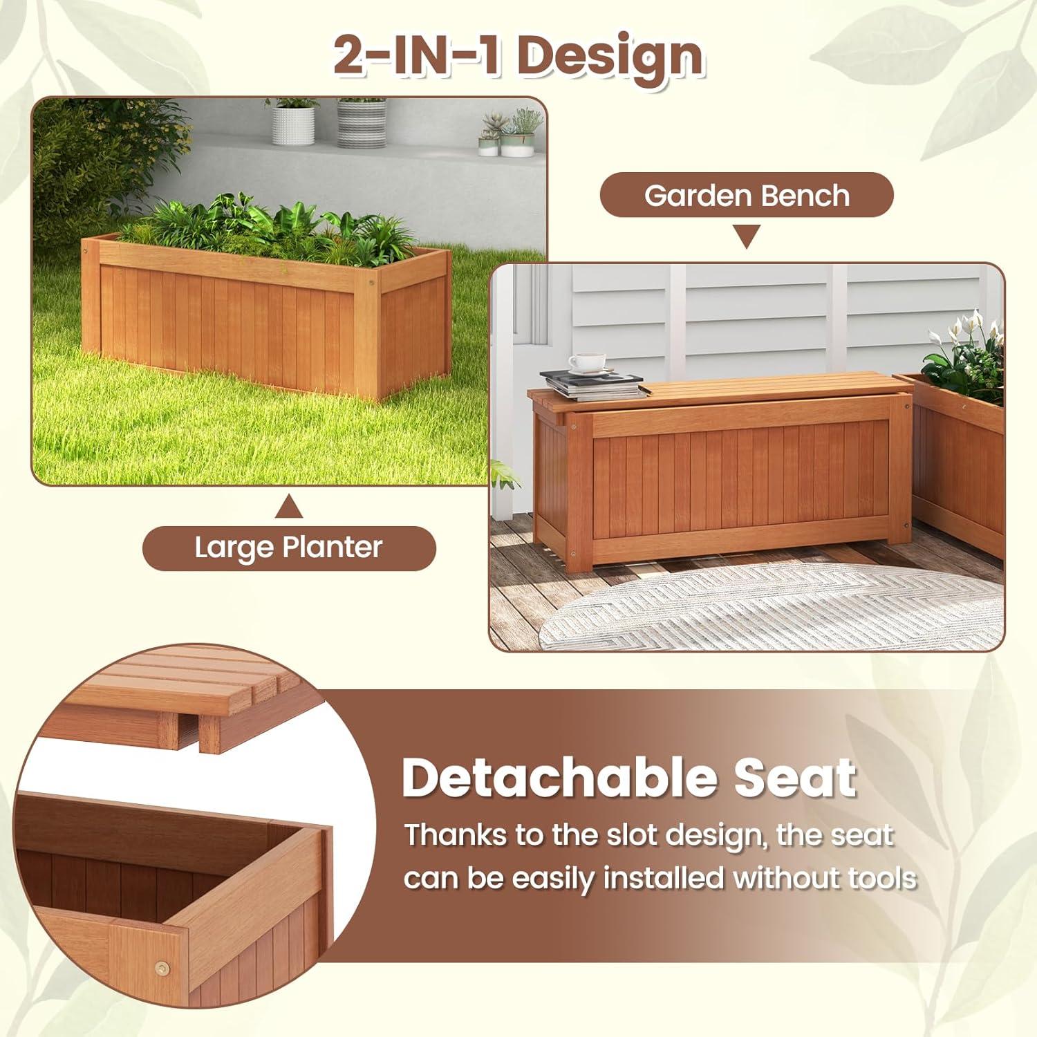 image:imageGiantex 2in1 Outdoor Bench with 2 Raised Garden Beds Wood with Teak Oil Finish Planter Boxes with OpenEnded Base Garden Bench Seat for Porch Balcony Lawn Yard DIY Assembly 42x11x115Teak