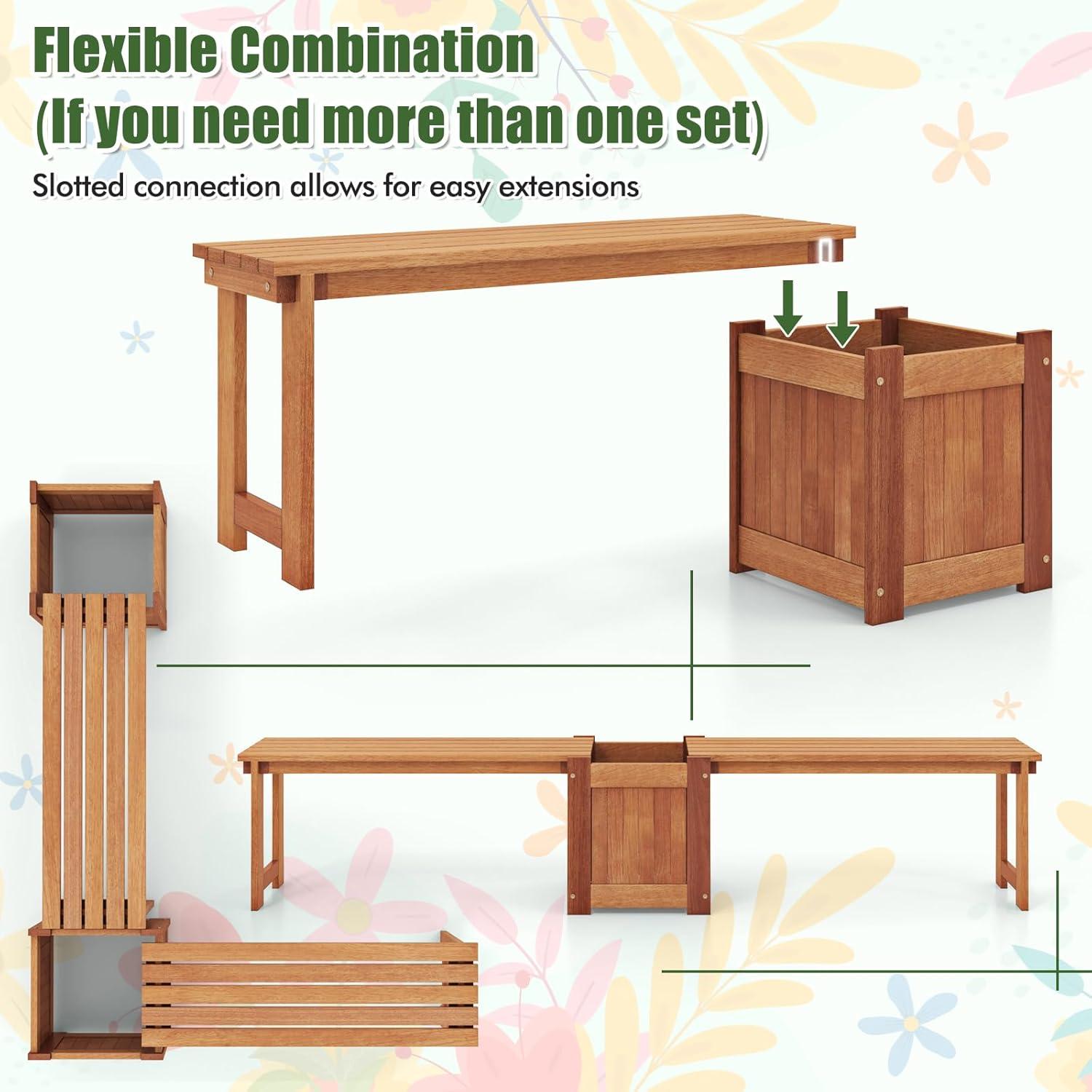 image:imageGiantex 2in1 Outdoor Bench with 2 Raised Garden Beds Wood with Teak Oil Finish Planter Boxes with OpenEnded Base Garden Bench Seat for Porch Balcony Lawn Yard DIY Assembly 42x11x115Teak
