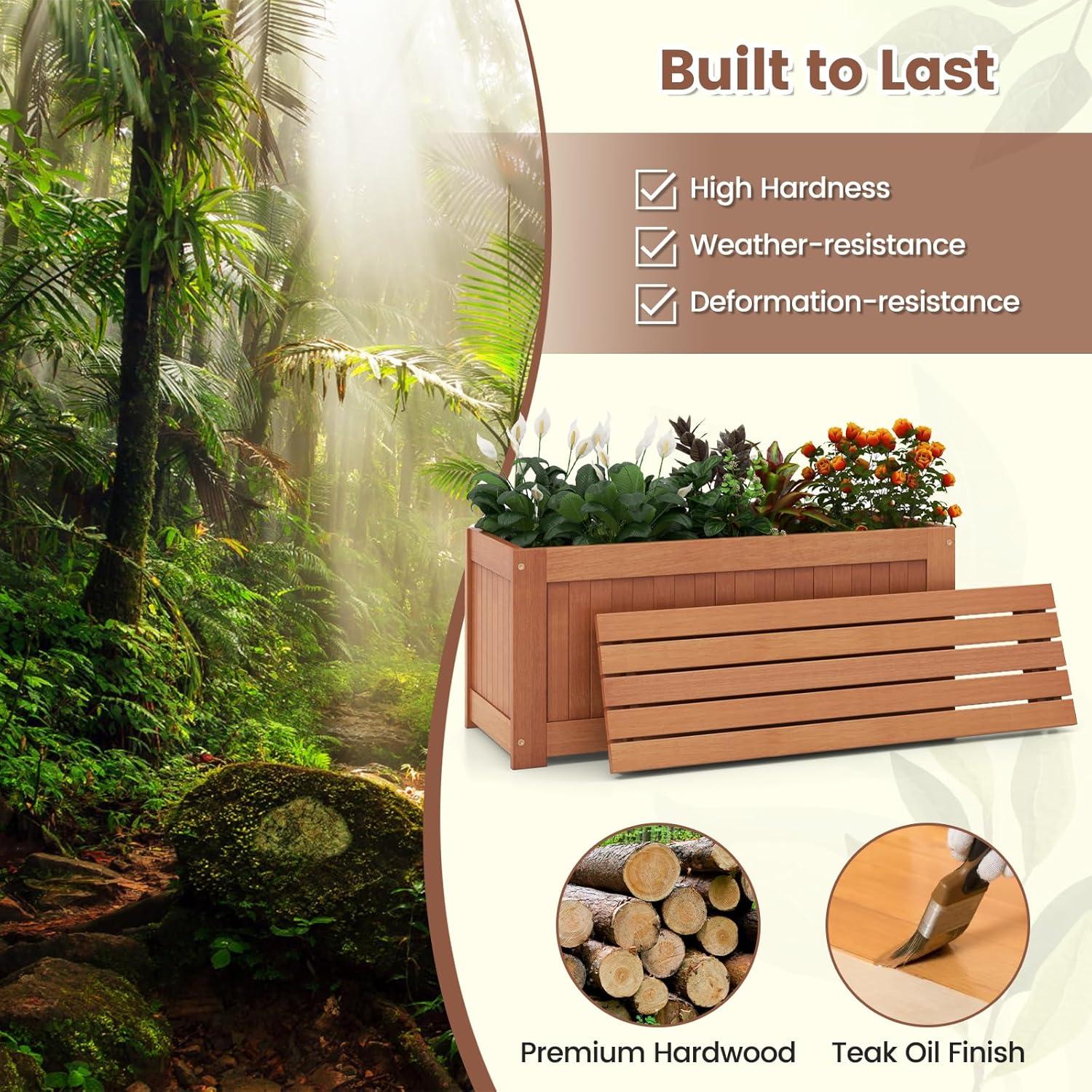 image:imageGiantex 2in1 Outdoor Bench with 2 Raised Garden Beds Wood with Teak Oil Finish Planter Boxes with OpenEnded Base Garden Bench Seat for Porch Balcony Lawn Yard DIY Assembly 42x11x115Teak