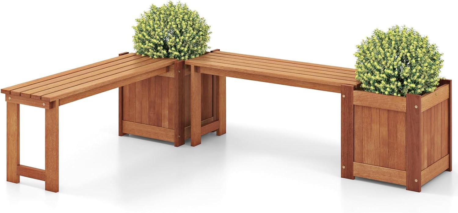 image:imageGiantex 2in1 Outdoor Bench with 2 Raised Garden Beds Wood with Teak Oil Finish Planter Boxes with OpenEnded Base Garden Bench Seat for Porch Balcony Lawn Yard DIY Assembly 42x11x115Teak