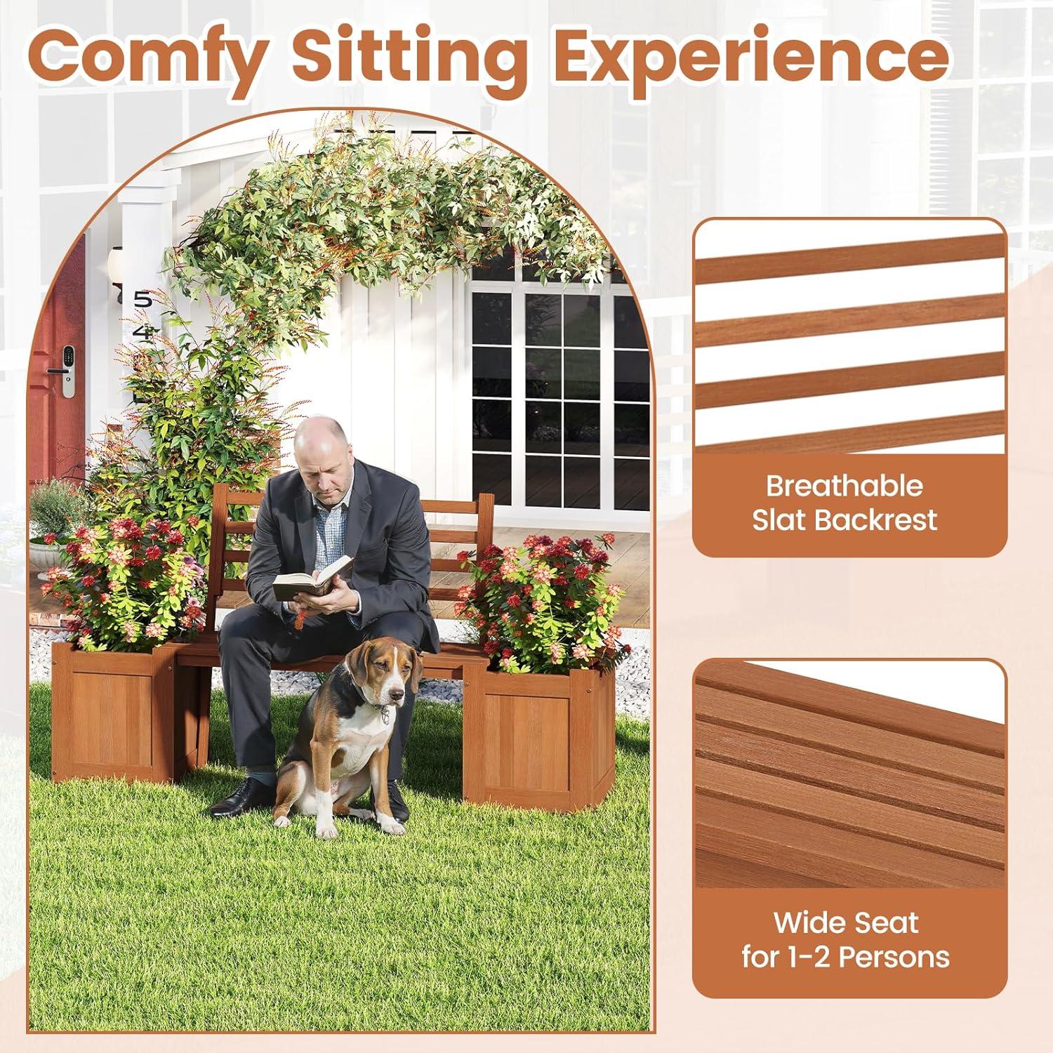image:imageGiantex 2in1 Outdoor Bench with 2 Raised Garden Beds Wood with Teak Oil Finish Planter Boxes with OpenEnded Base Garden Bench Seat for Porch Balcony Lawn Yard DIY Assembly 42x11x115Teak