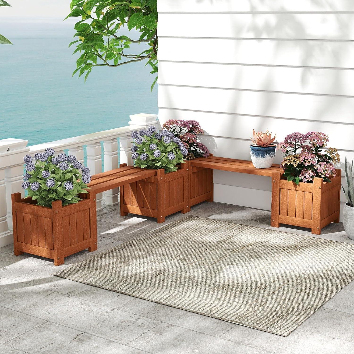 image:imageGiantex 2in1 Outdoor Bench with 2 Raised Garden Beds Wood with Teak Oil Finish Planter Boxes with OpenEnded Base Garden Bench Seat for Porch Balcony Lawn Yard DIY Assembly 42x11x115Teak