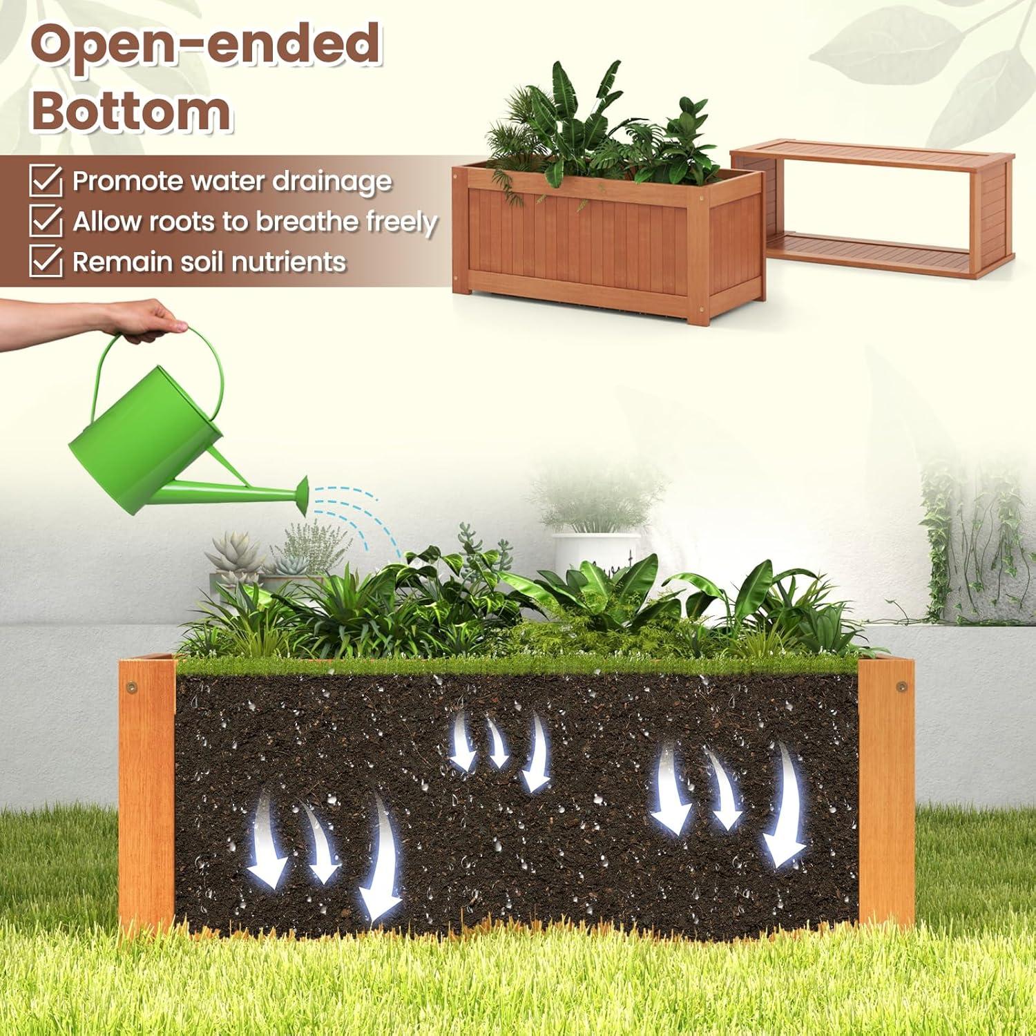 image:imageGiantex 2in1 Outdoor Bench with 2 Raised Garden Beds Wood with Teak Oil Finish Planter Boxes with OpenEnded Base Garden Bench Seat for Porch Balcony Lawn Yard DIY Assembly 42x11x115Teak