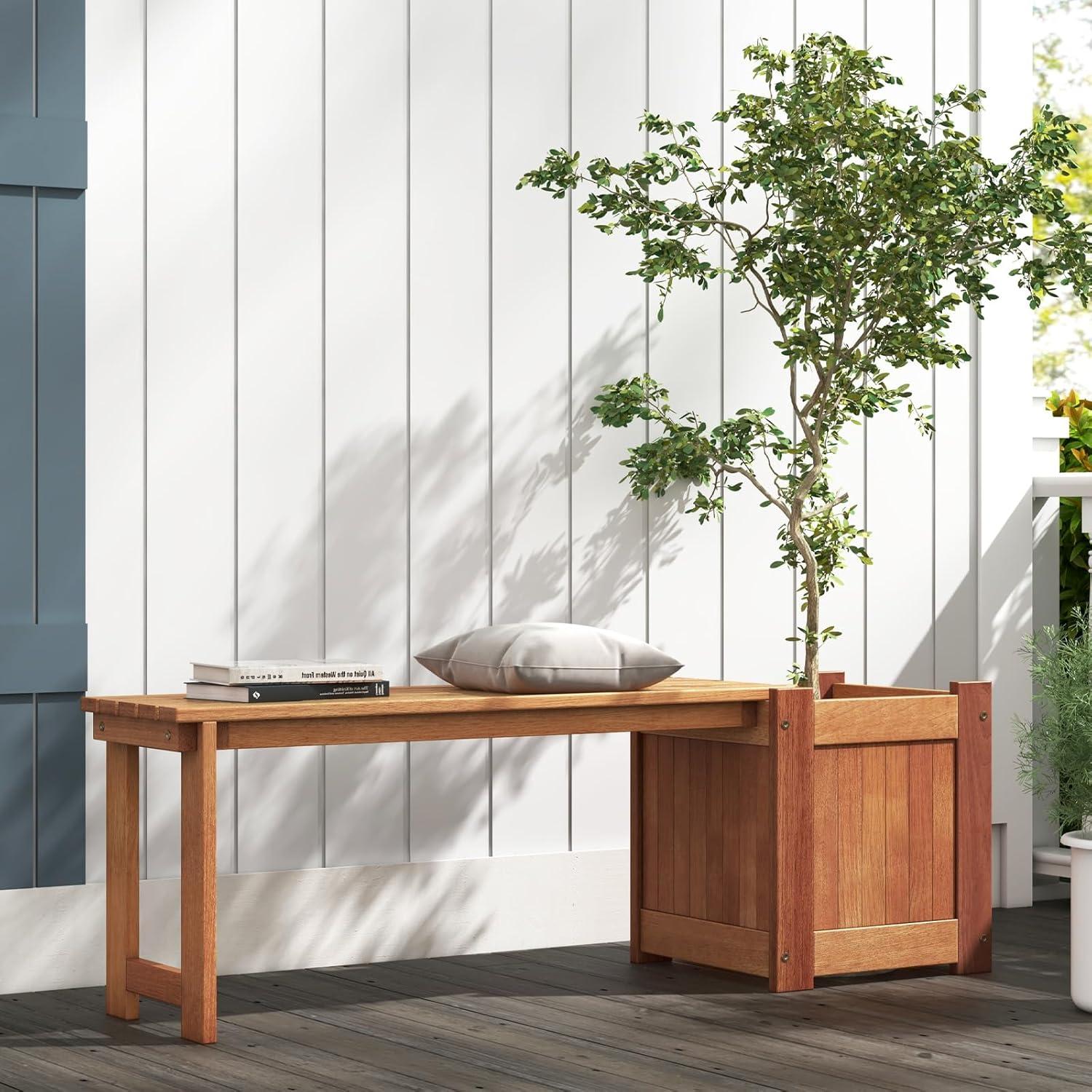 image:imageGiantex 2in1 Outdoor Bench with 2 Raised Garden Beds Wood with Teak Oil Finish Planter Boxes with OpenEnded Base Garden Bench Seat for Porch Balcony Lawn Yard DIY Assembly 42x11x115Teak