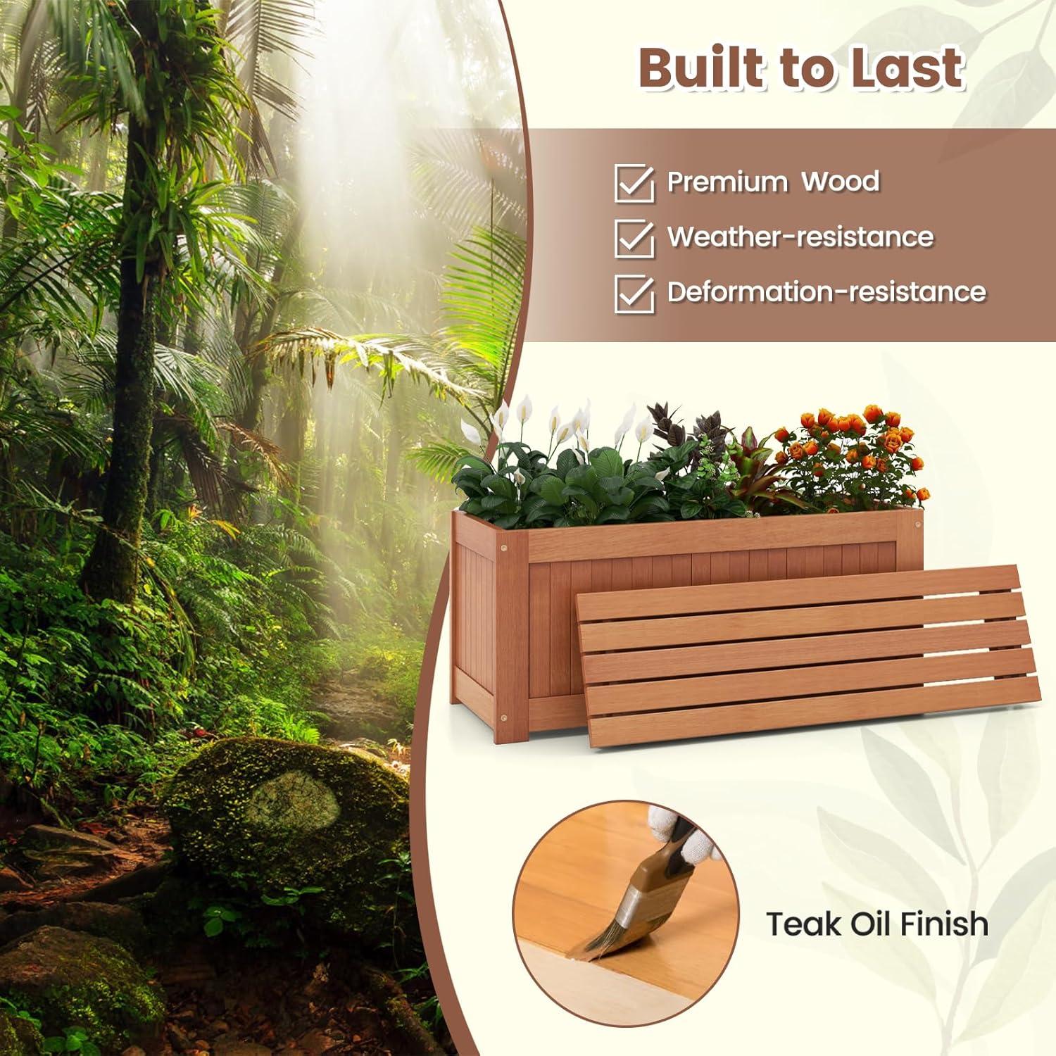 image:imageGiantex 2in1 Outdoor Bench with 2 Raised Garden Beds Wood with Teak Oil Finish Planter Boxes with OpenEnded Base Garden Bench Seat for Porch Balcony Lawn Yard DIY Assembly 42x11x115Teak