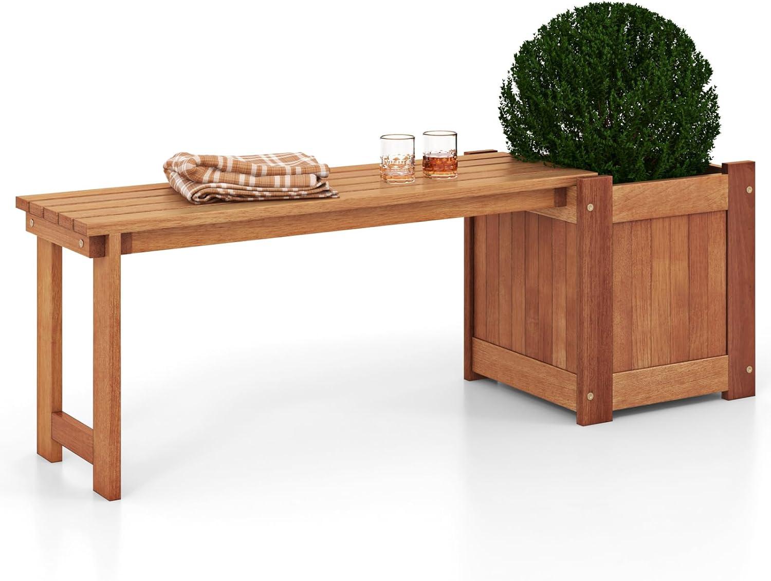 image:imageGiantex 2in1 Outdoor Bench with 2 Raised Garden Beds Wood with Teak Oil Finish Planter Boxes with OpenEnded Base Garden Bench Seat for Porch Balcony Lawn Yard DIY Assembly 42x11x115Teak
