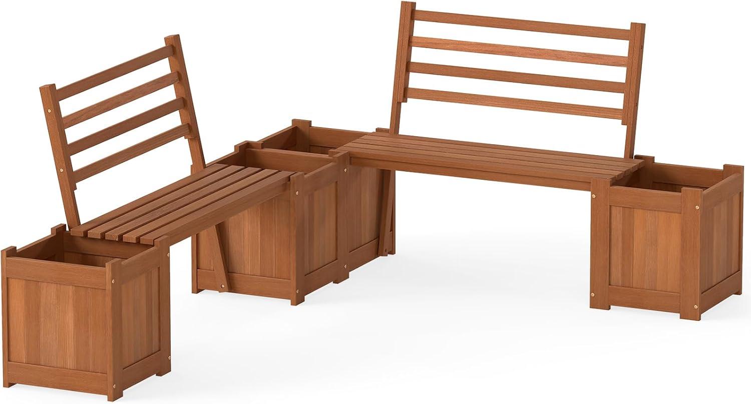 image:imageGiantex 2in1 Outdoor Bench with 2 Raised Garden Beds Wood with Teak Oil Finish Planter Boxes with OpenEnded Base Garden Bench Seat for Porch Balcony Lawn Yard DIY Assembly 42x11x115Teak